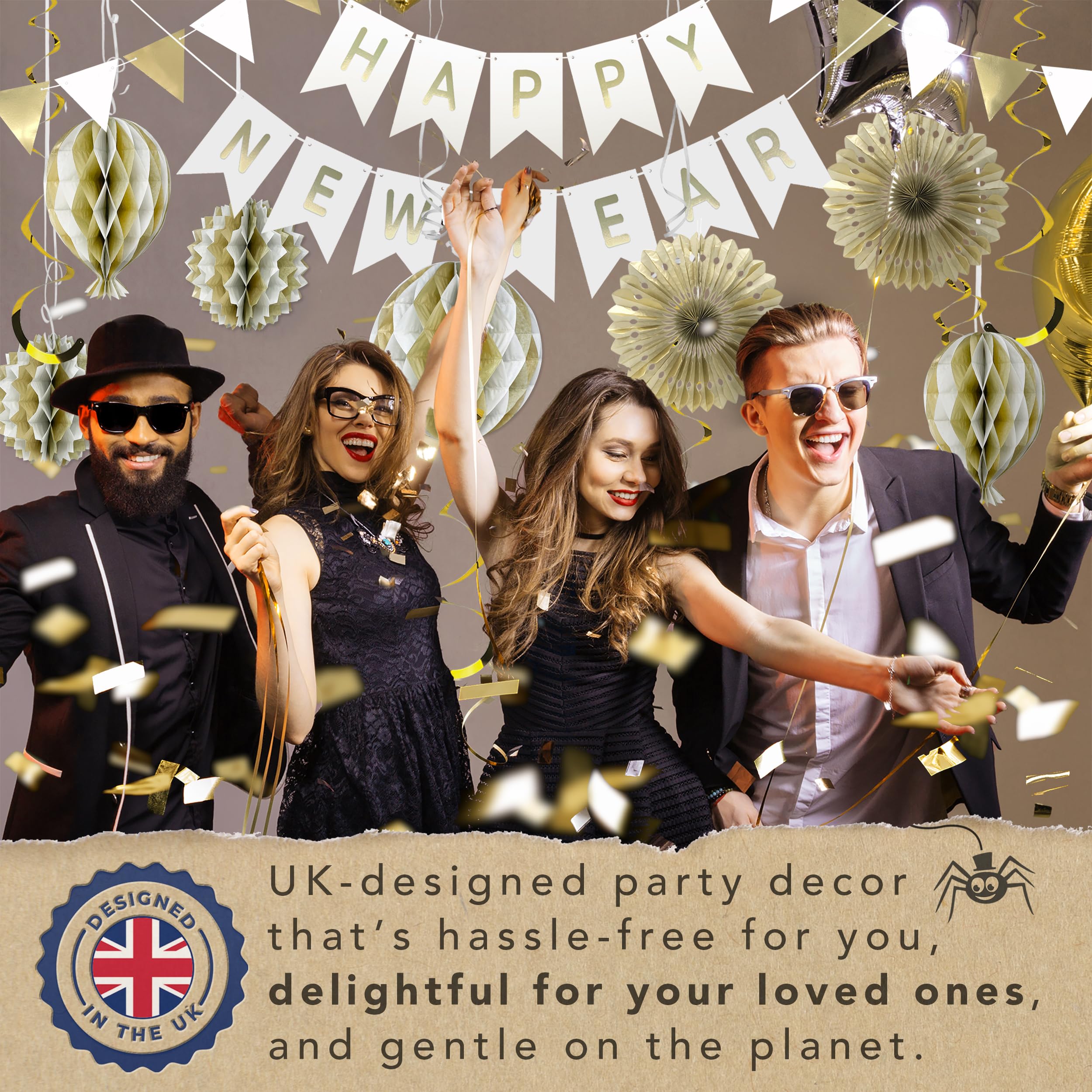 Premium Reusable Party Decorations - Happy New Year Decorations 2025, Multi-use Happy New Year Banner also spells Happy Birthday - New Years Eve Party Supplies 2025 / White & Gold Birthday Decorations