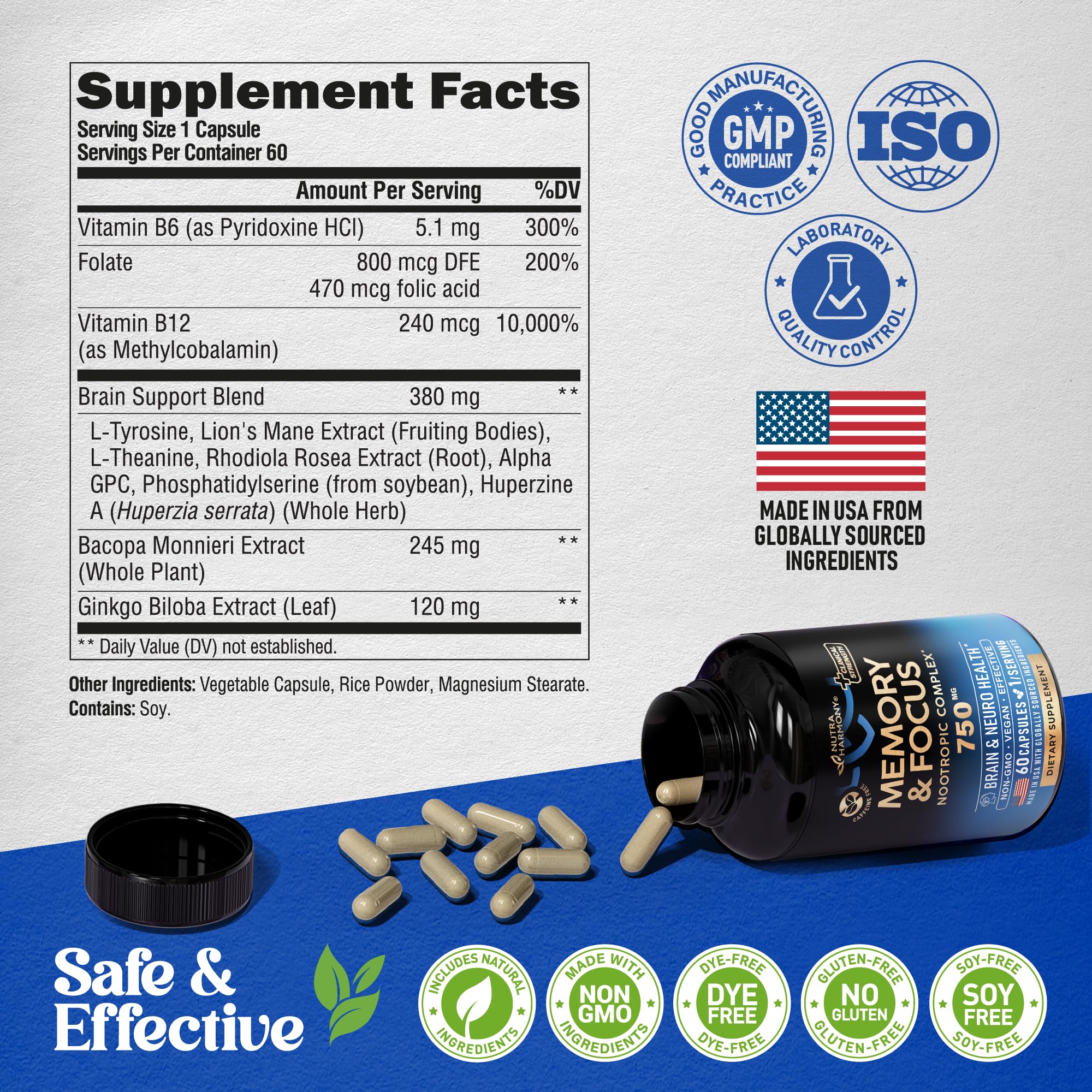 Brain Supplement for Memory & Focus 750 mg - Magnesium | L-Theanine | Bacopa Monnieri | Ginkgo Biloba | Lions Mane - 12in1 Nootropic Complex for Neuro Health - Caffeine-free - Made in USA, 60 Capsules