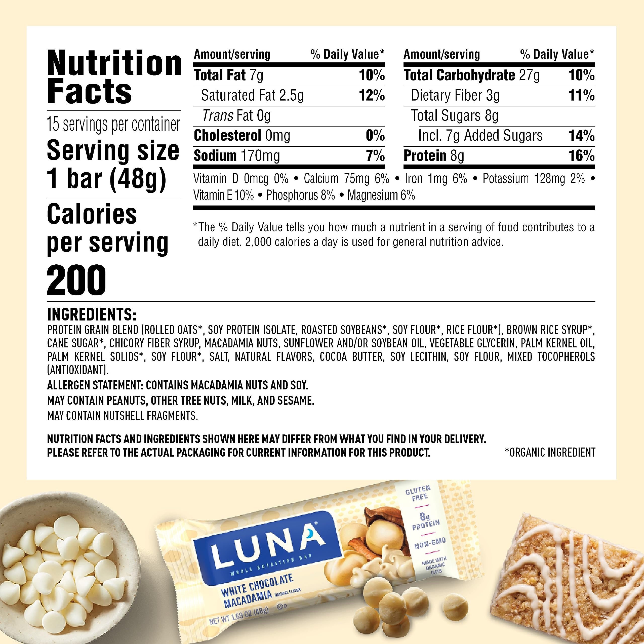 LUNA Bar - White Chocolate Macadamia Flavor - Gluten-Free - Non-GMO - 7-9g Protein - Made with Organic Oats - Low Glycemic - Whole Nutrition Snack Bars - 1.69 oz. (15 Count)