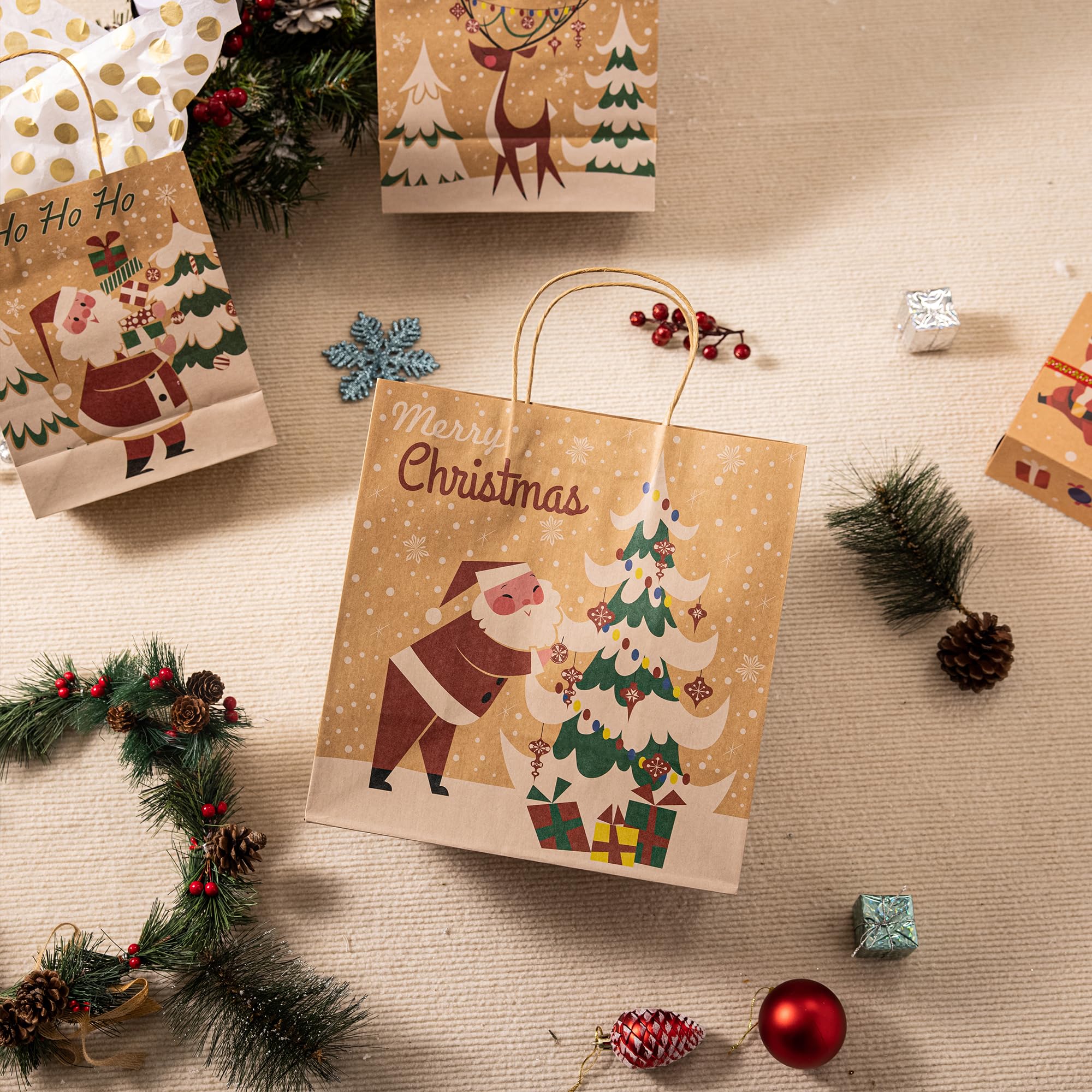 JOYIN 24 PCS Christmas Kraft Gift Bags with Assorted Christmas Prints for Kraft present Bags, Christmas Goody Bags, Xmas Gift Bags, School Classrooms and Party Favors (not included tissue paper)