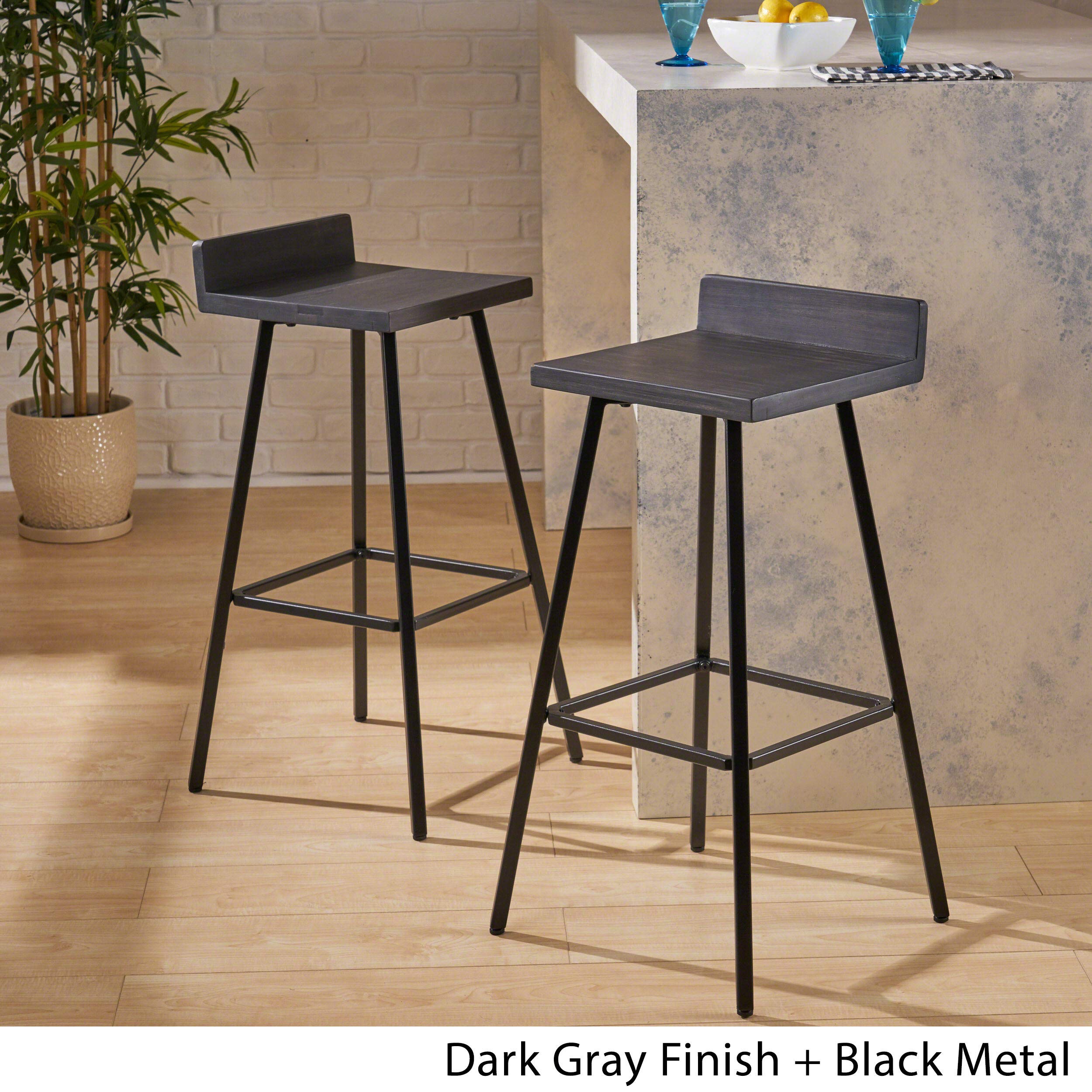 Christopher Knight Home Hazel Indoor Bar Stools, Modern, Contemporary, Dark Gray Acacia Wood with Iron Legs (Set of 2)