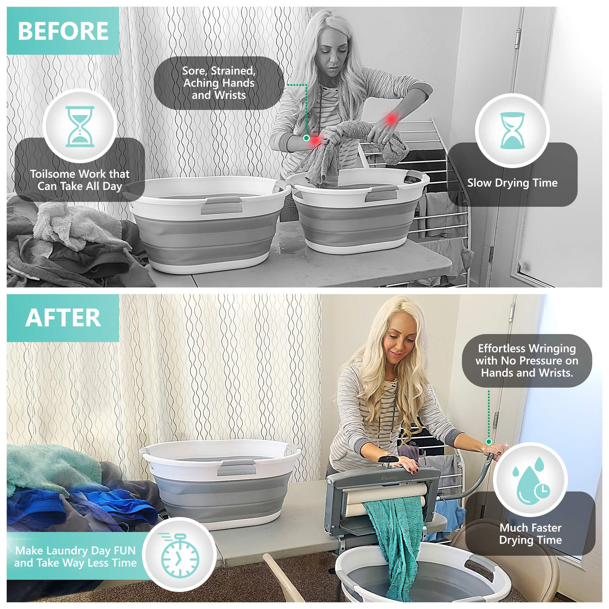 Calliger Clothes Wringer - Better Moisture Removal than Portable Washing Machine/Portable Dryer - Heavy Duty Off Grid Perfect Towel/Laundry Wringer for Chamois Cloth, Tile Sponge, etc.