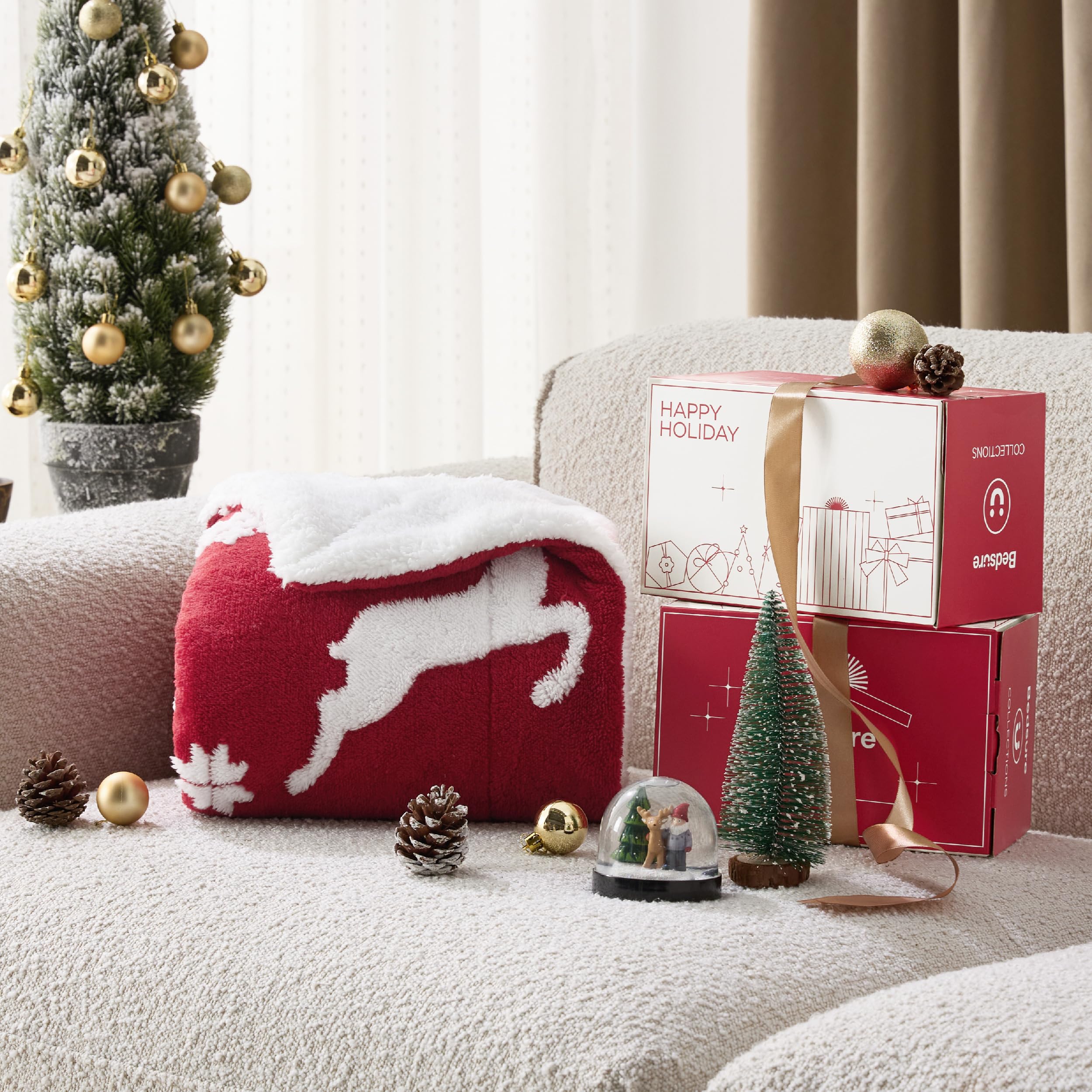 Bedsure Christmas Blanket Red - Luxury Christmas Decorations Holiday Deer Blanket Warm Cozy Sherpa Blanket Gift 50"x60"