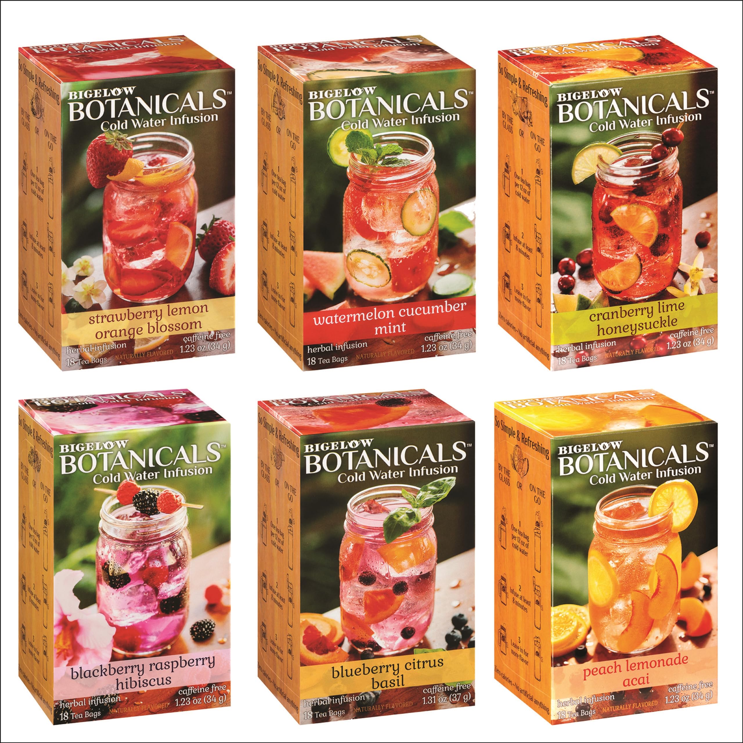 Bigelow Botanicals Cold Water Infusion Herbal Variety Pack, Caffeine Free Tea with Cranberry, Watermelon, Blackberry, Strawberry, Peach & Blueberry Flavor, 18 Count Box (Pack of 6), 108 Total Tea Bags