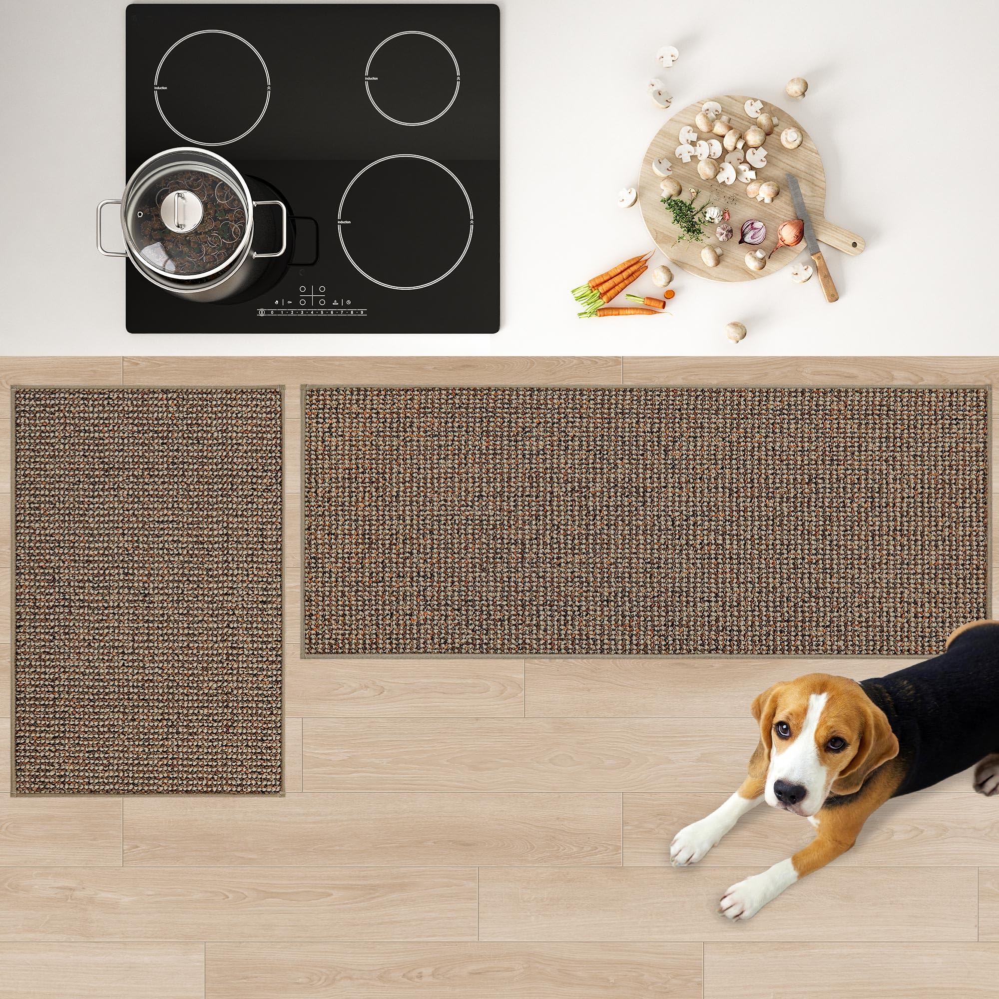 JSEI Kitchen Rugs, 2PCS Non-Slip Kitchen Mats for Floor, Machine Washable Absorbent and Stain Resistant Kitchen Runner, Carpet Mats with TPR Backing for Kitchen, 24”x36”+24”x60”, Beige