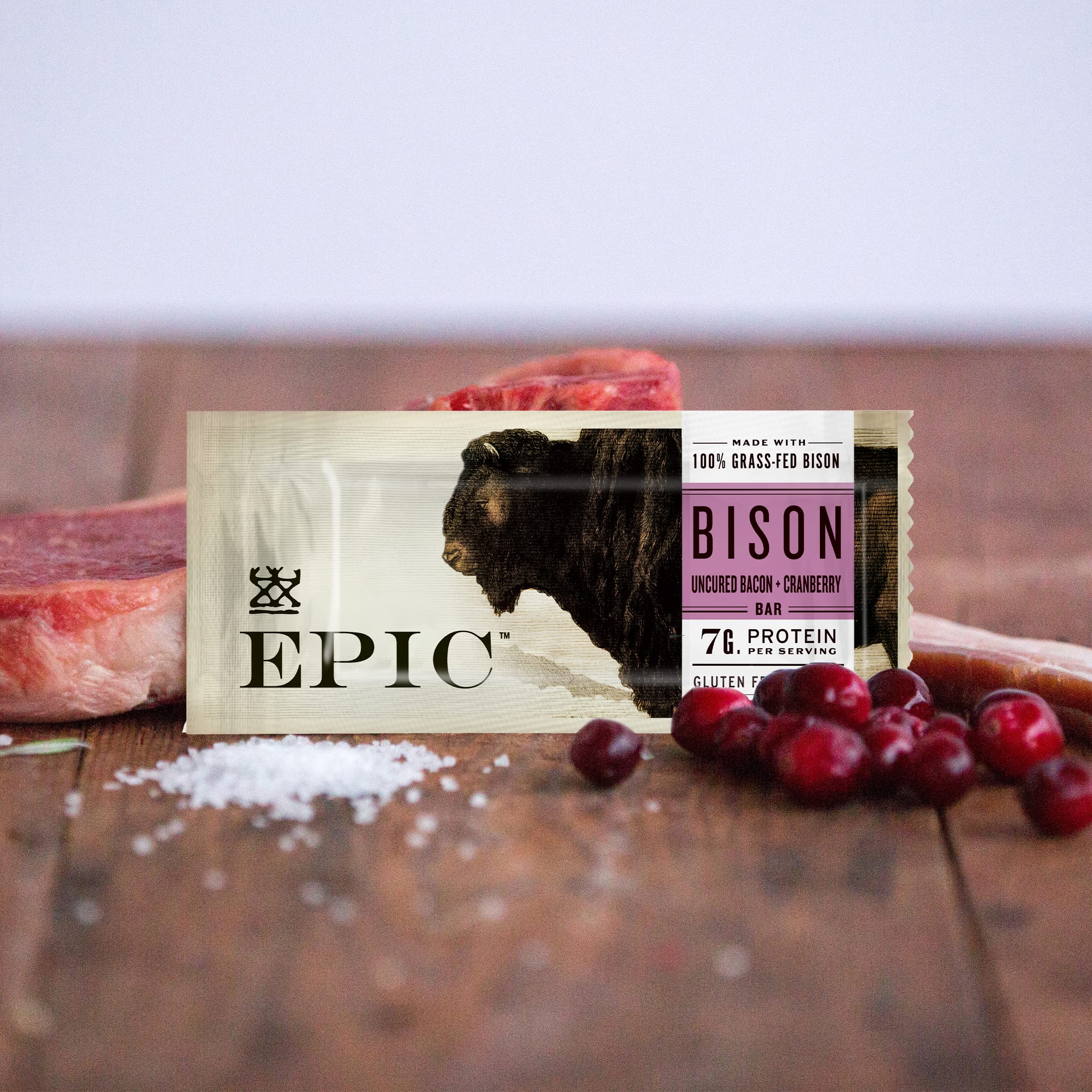 EPIC Bison Bacon Cranberry Bars, Grass-Fed, 12 Count Box 1.3oz bars