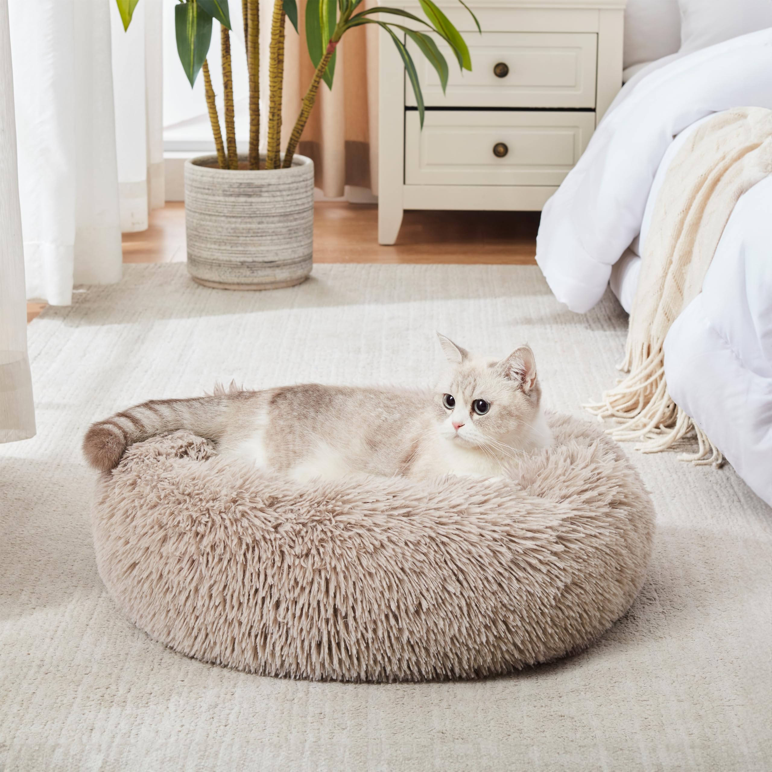 WESTERN HOME WH Calming Dog & Cat Bed, Anti-Anxiety Donut Cuddler Warming Cozy Soft Round Bed, Fluffy Faux Fur Plush Cushion Bed for Small Medium Dogs and Cats (20"/24"/27"/30")