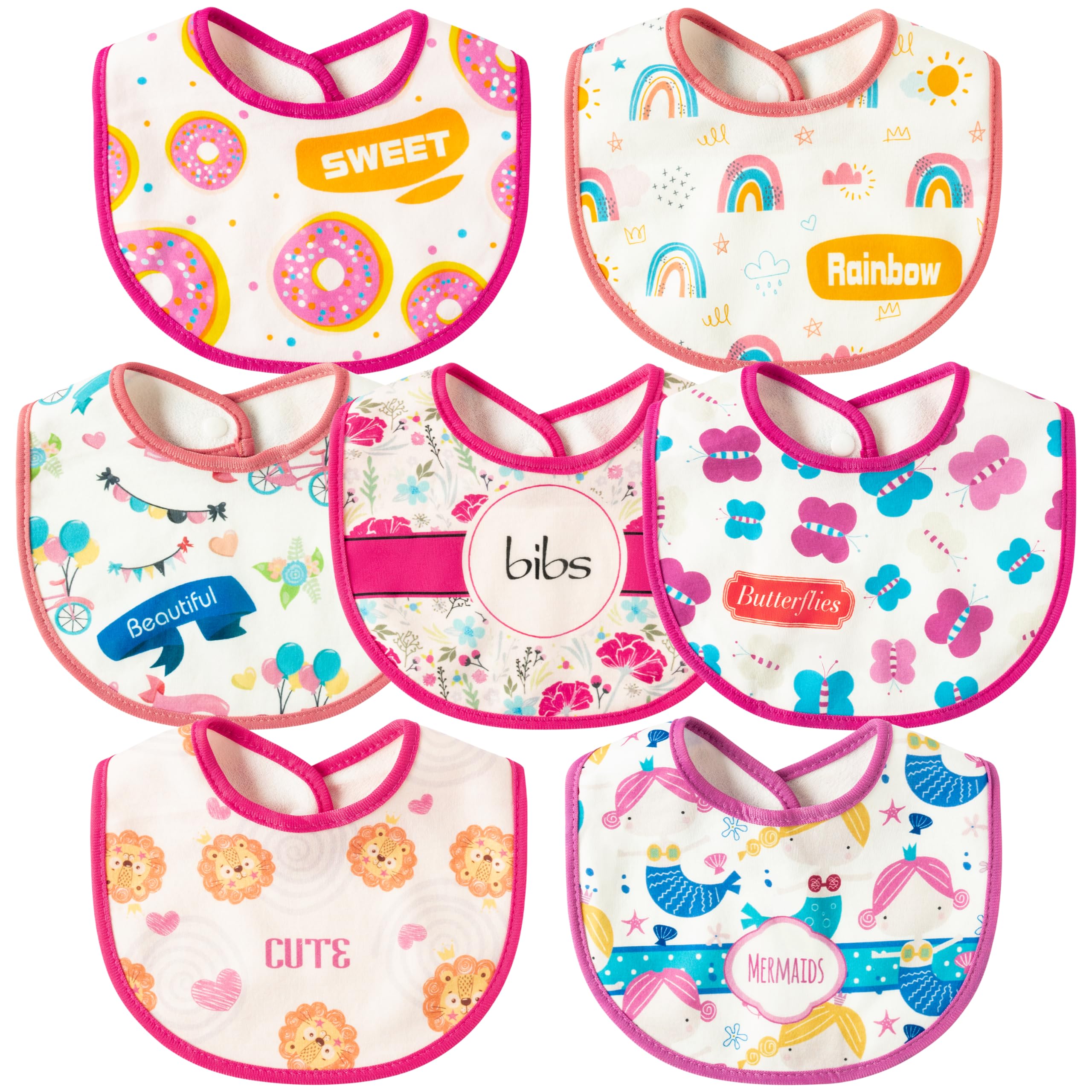 2ooya 7Pcs Cotton Waterproof Baby Bib Pink Unisex Boy Girl Baby Bibs with Snaps Newborn Baby Toddler Infant Food Bib Keepsake Baby Shower Party for Drooling Feeding Eating Teething, 6-12 Months