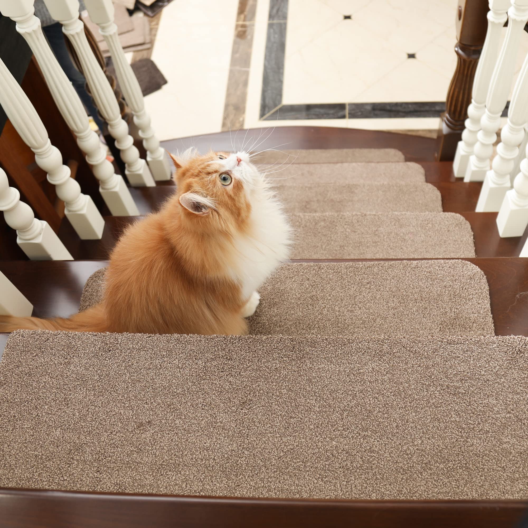 COSY HOMEER Stair Treads Non-Slip 15pcs Carpet Mat 28inX9in Indoor Stair Runners for Wooden Steps, Stair Rugs for Kids and Dogs, 100% Polyester TPE Backing Beige,Protect Floor