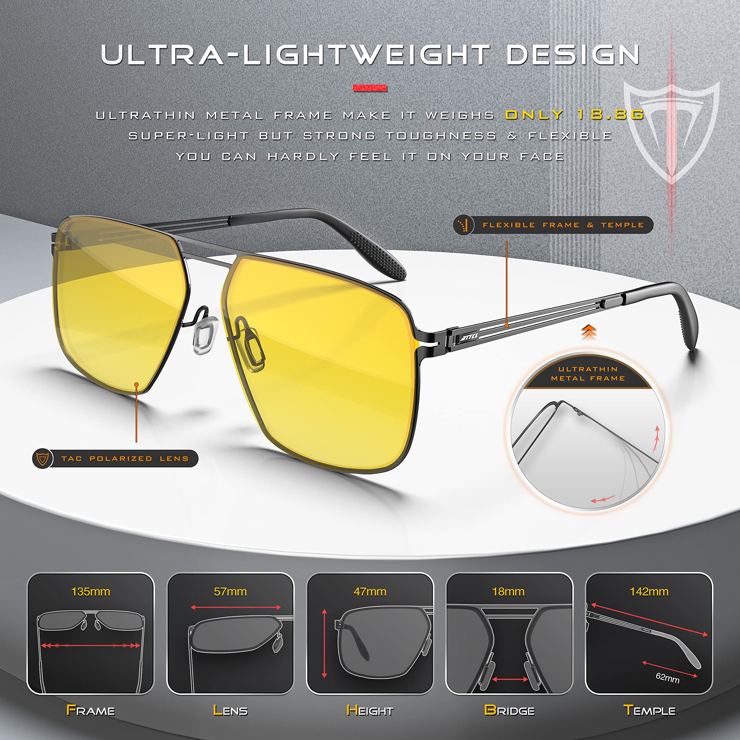Polarized Sunglasses for Men Square Steel Frame UV400 Lightweight Driving Outdoor Use 9771-yeshi