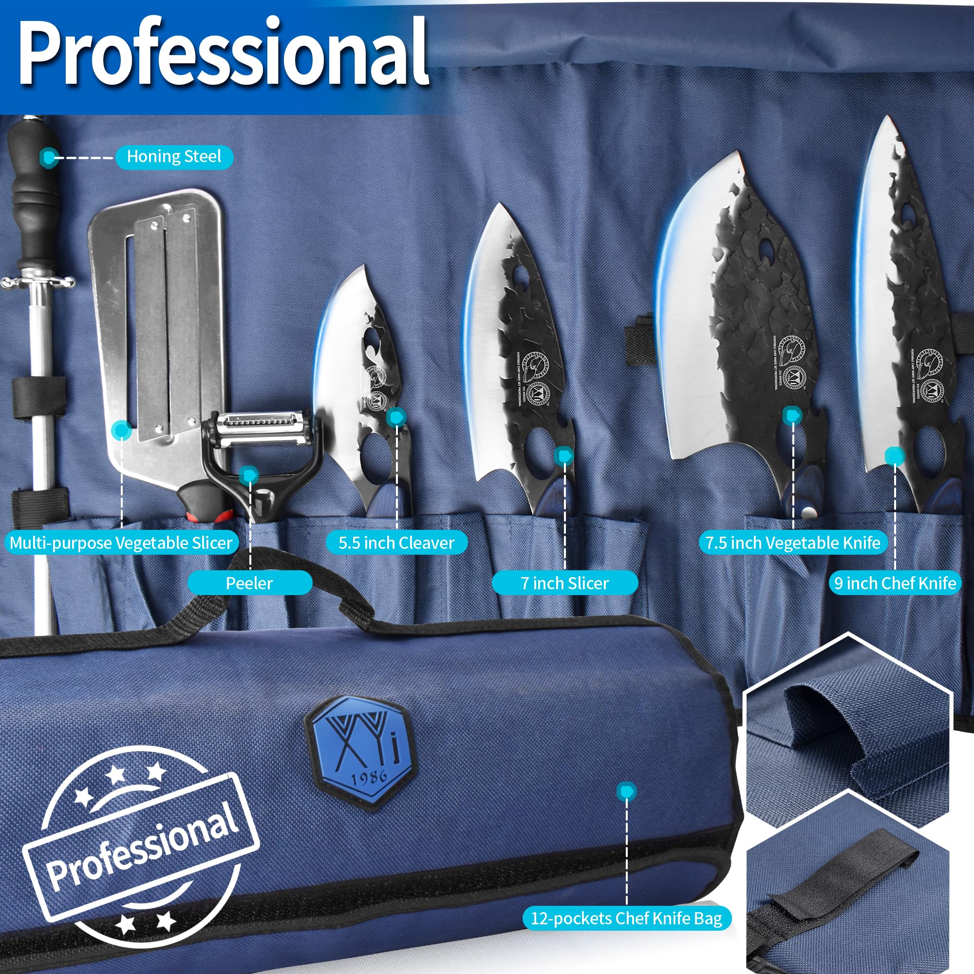 XYJ Portable Chef Knife Set Professional,Since 1986,Vegetable Camping Knife Set With Sheath,Roll Bag,Honing Steel,Nakiri Slice Cooking Knives,Finger Hole Blade,Full Tang