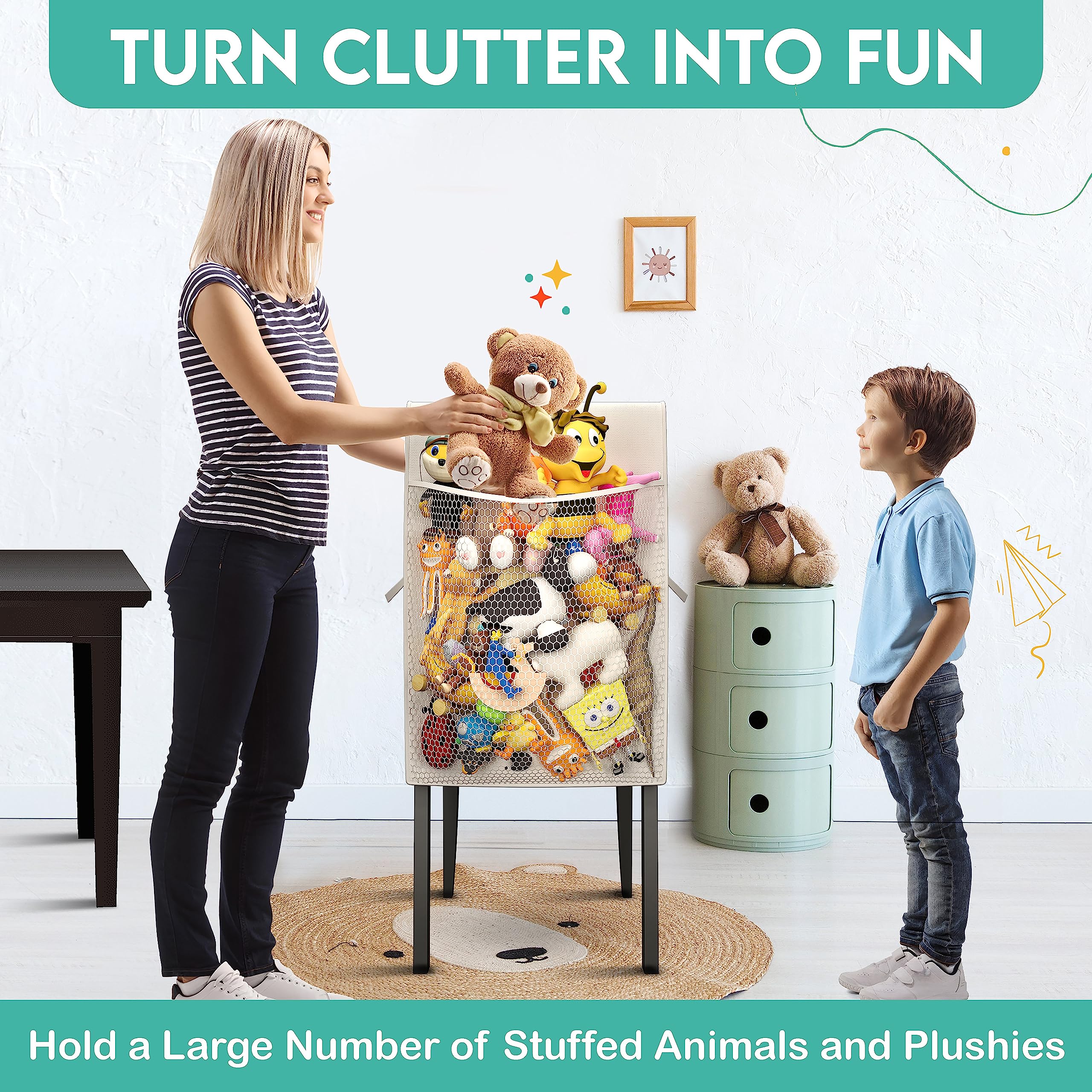 Stuffed Animal Storage Pocket for kids chair, Net & Hammock Holder: Perfect Toy Hammock Organizer for All Plushie & Large Hanging Corner Ideas and Plush Animals Stuff, Stuffed Animal Holder, White