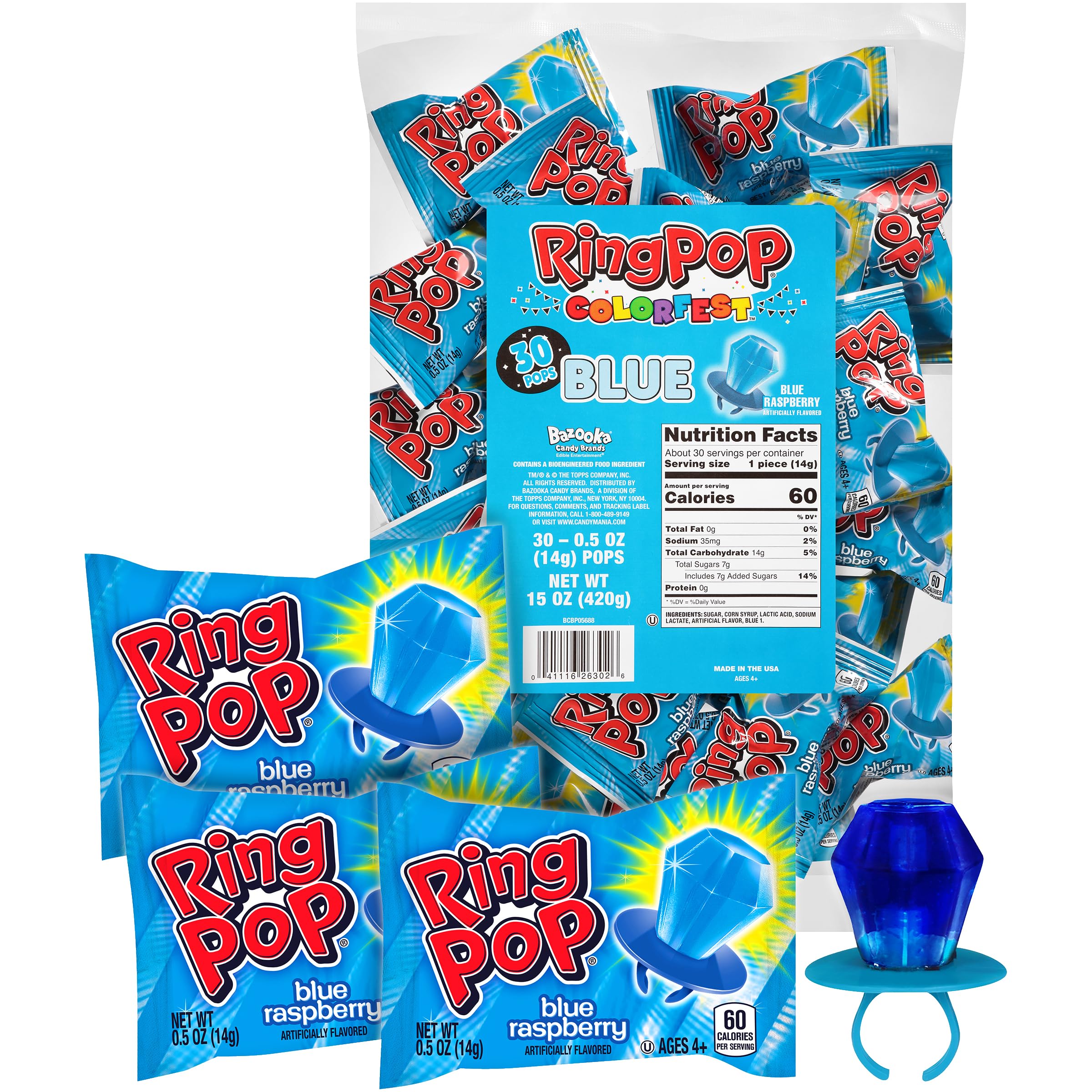 Ring Pop Blue Colorfest Holiday Candy Blue Lollipops - 30 Ct Bulk Candy Individually Wrapped in Blue Raspberry Flavor - Hard Candy Lollipops For Party Favors, Stocking Stuffers, Bachelorette Parties