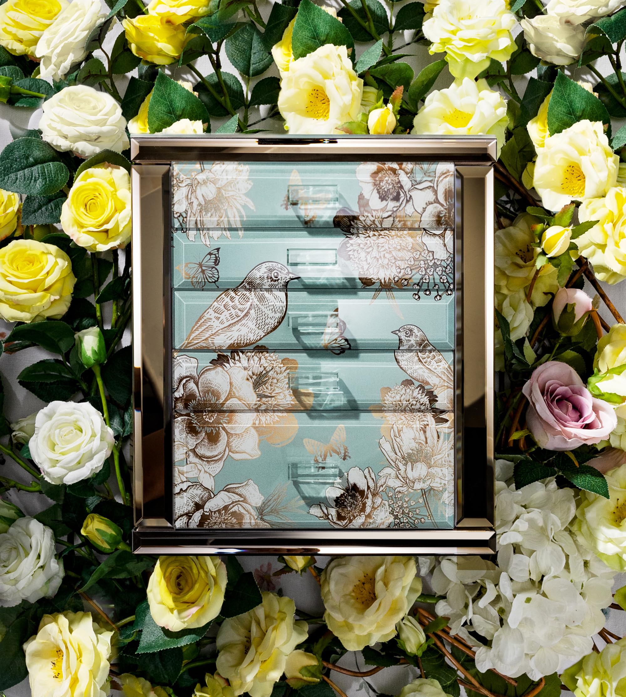 Homruilink High End Glass Jewelry Box, 5 Layer Jewelry Organizer for Women, Side Doors & Mirror, Velvet-Lined Storage for Rings & Necklaces, Fathers Day Gift for Dad (Bird & Floral)