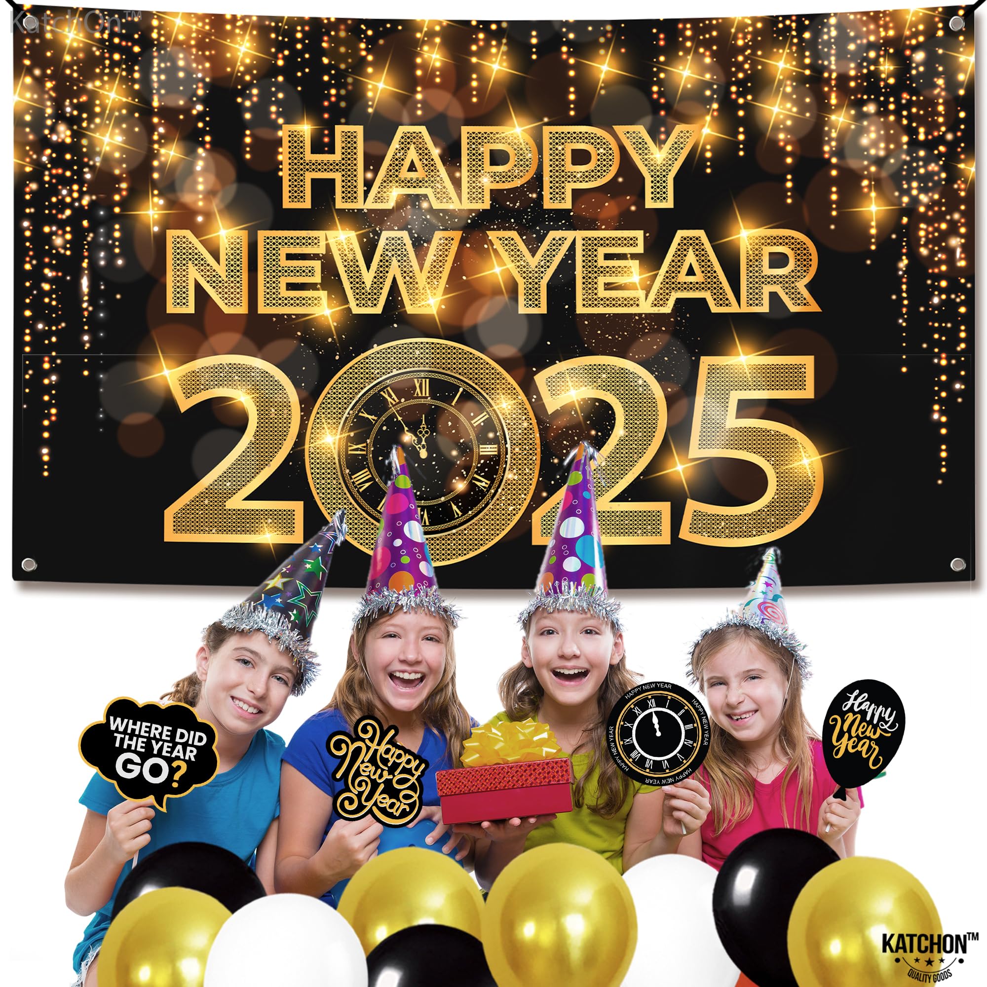 KatchOn, Large Happy New Year Banner 2025 - New Year Backdrop, 72x44 Inch | Happy New Year Decorations 2025 | Happy New Year Backdrop for New Years Eve Party Supplies 2025 | New Years Decorations 2025