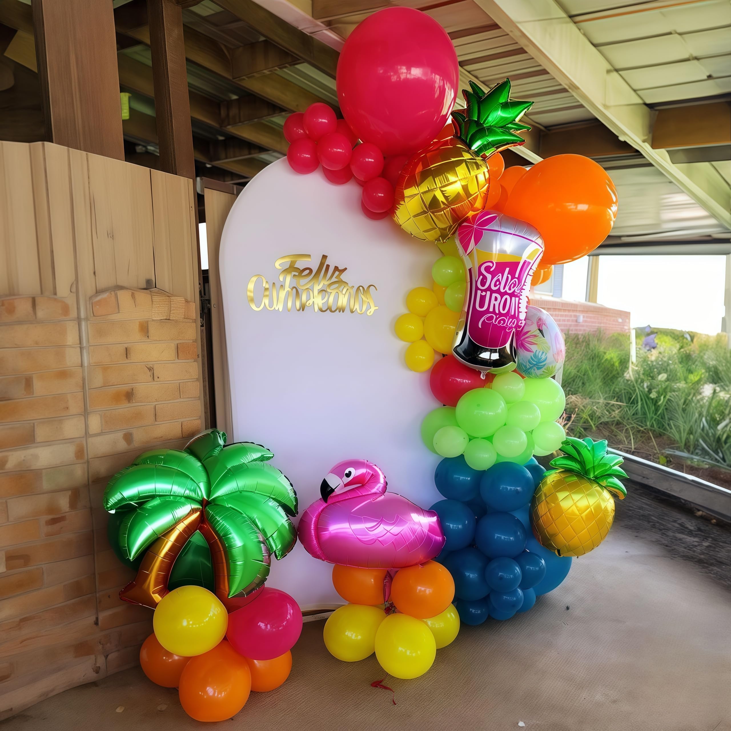 141 Pcs Summer Tropical Balloon Arch Garland Kit, Hot Pink Lime Green Orange Slate Blue Yellow Latex Rainbow Balloon Garland Kit for Hawaiian Luau Aloha Birthday Baby Shower Pool Party Decorations