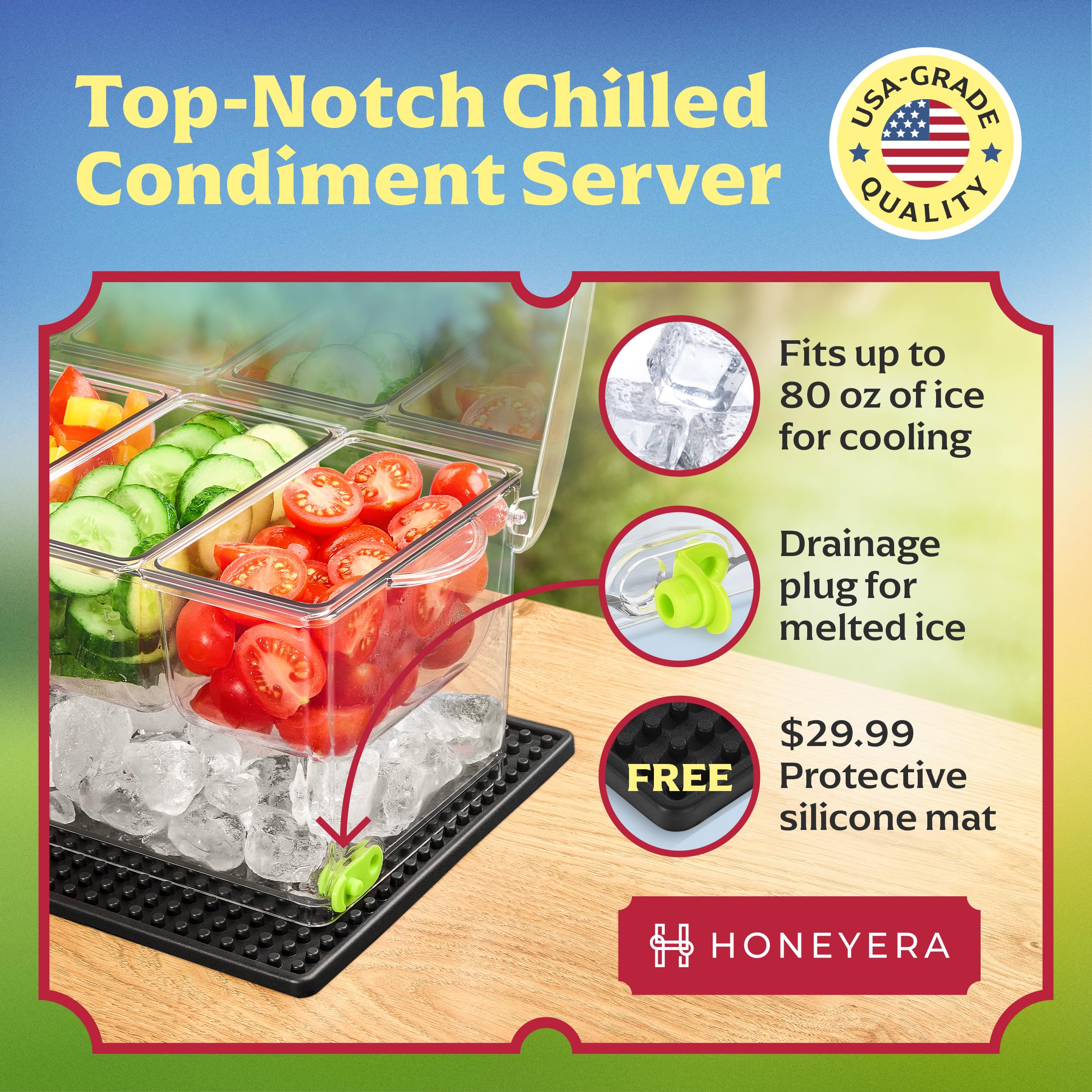 Honeyera Chilled Condiment Server | Hosting Essentials for Up to 80 Oz of Ice | Mimosa Bar Supplies Drain Plug | BPA-Free Taco Bar/Salad Bar | Food-Safe Condiment Caddy (Parent) (Black, 2 Pack)