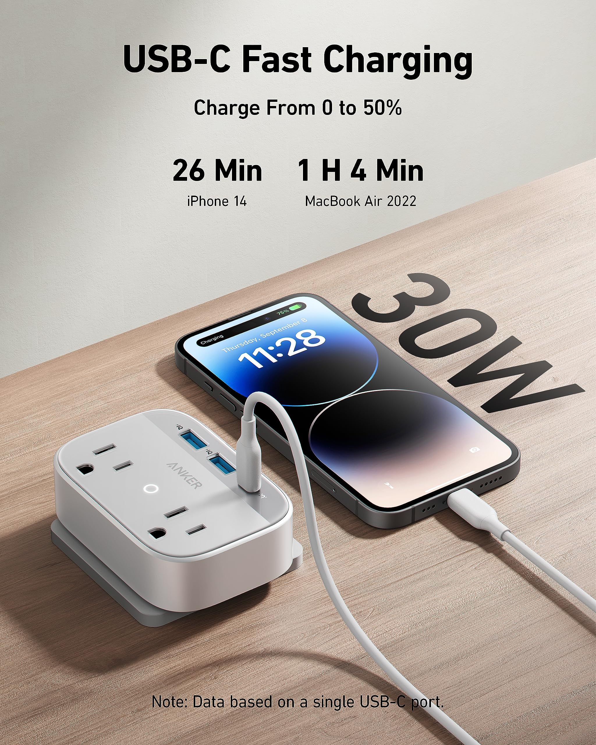 Anker Portable Outlet Extender with Foldable Plug, 5 Multi-Plug Outlet, High-Speed 30W USB C Power Delivery, Compatible with iPhone 15/15 Plus/15 Pro/15 Pro Max,Compact for Travel, Home, TUV Listed