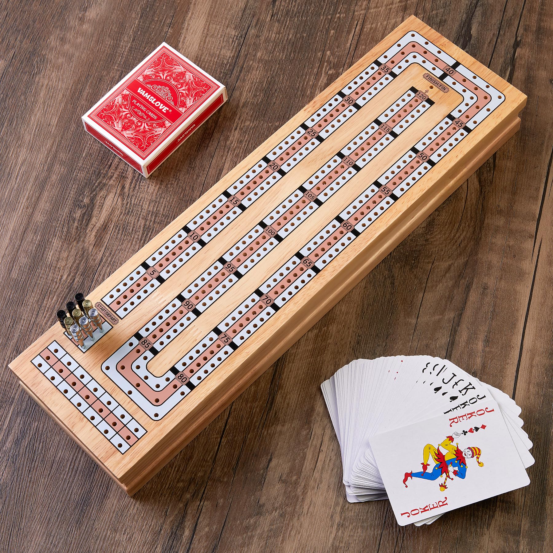Vamslove Magnetic Cribbage Board 15'' Wooden Folding 3 Track Game Set, w/Instruction, Storage Slots for 2 Playing Cards/Pegs, Card Games for Travel Family Night