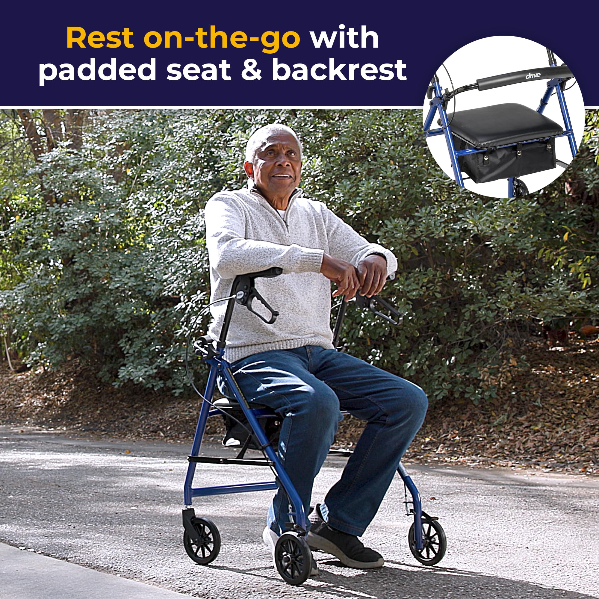 Drive Medical Aluminum Rollator Walker - Fold Up - Padded Seat - 6 Inch Wheels - Lightweight Portable Design - Indoor Outdoor Mobility Aid - Blue