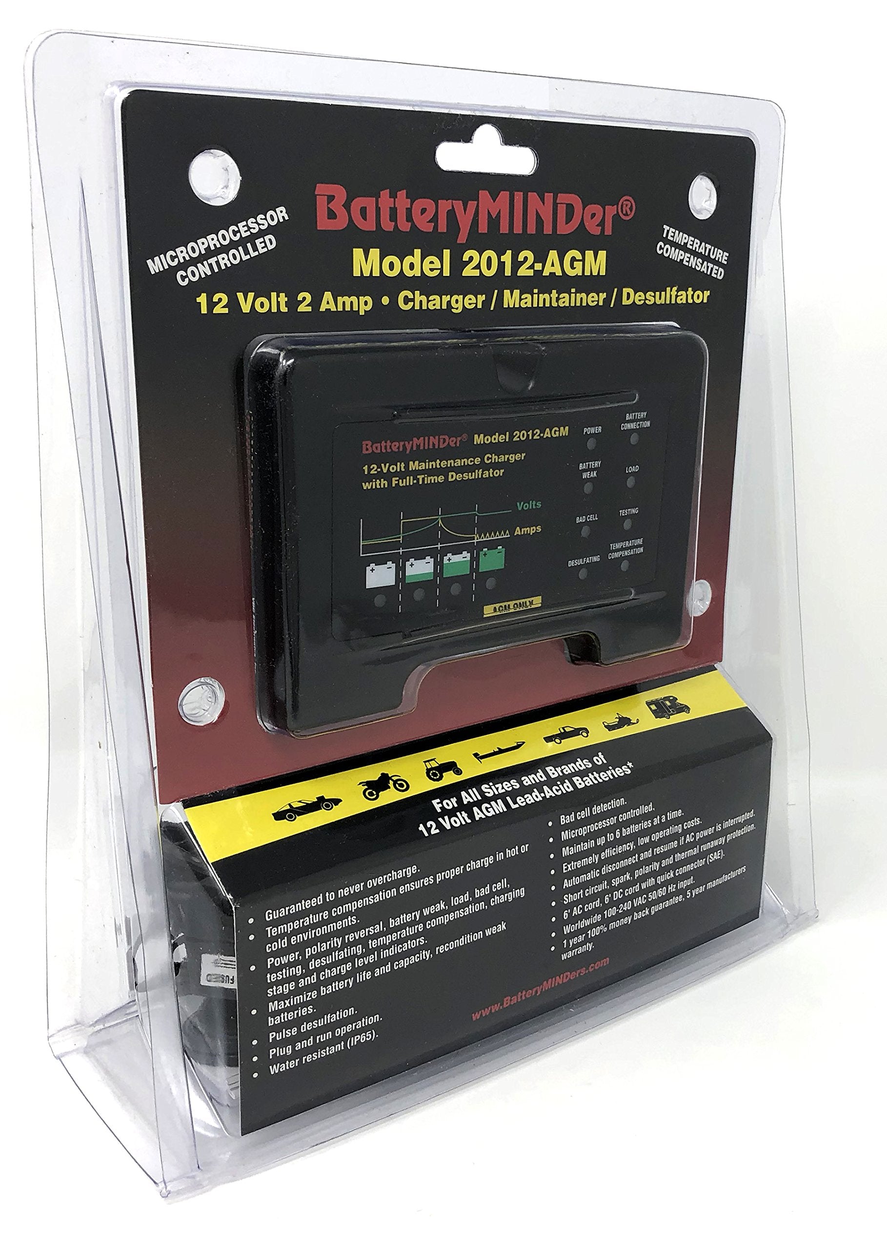 BatteryMINDer 2012-AGM - AGM Batteries Only - 12 Volt-2 Amp Battery Charger, Battery Maintainer, and Battery Desulfator for Odyssey, Optima * AGM Lead-Acid Batteries