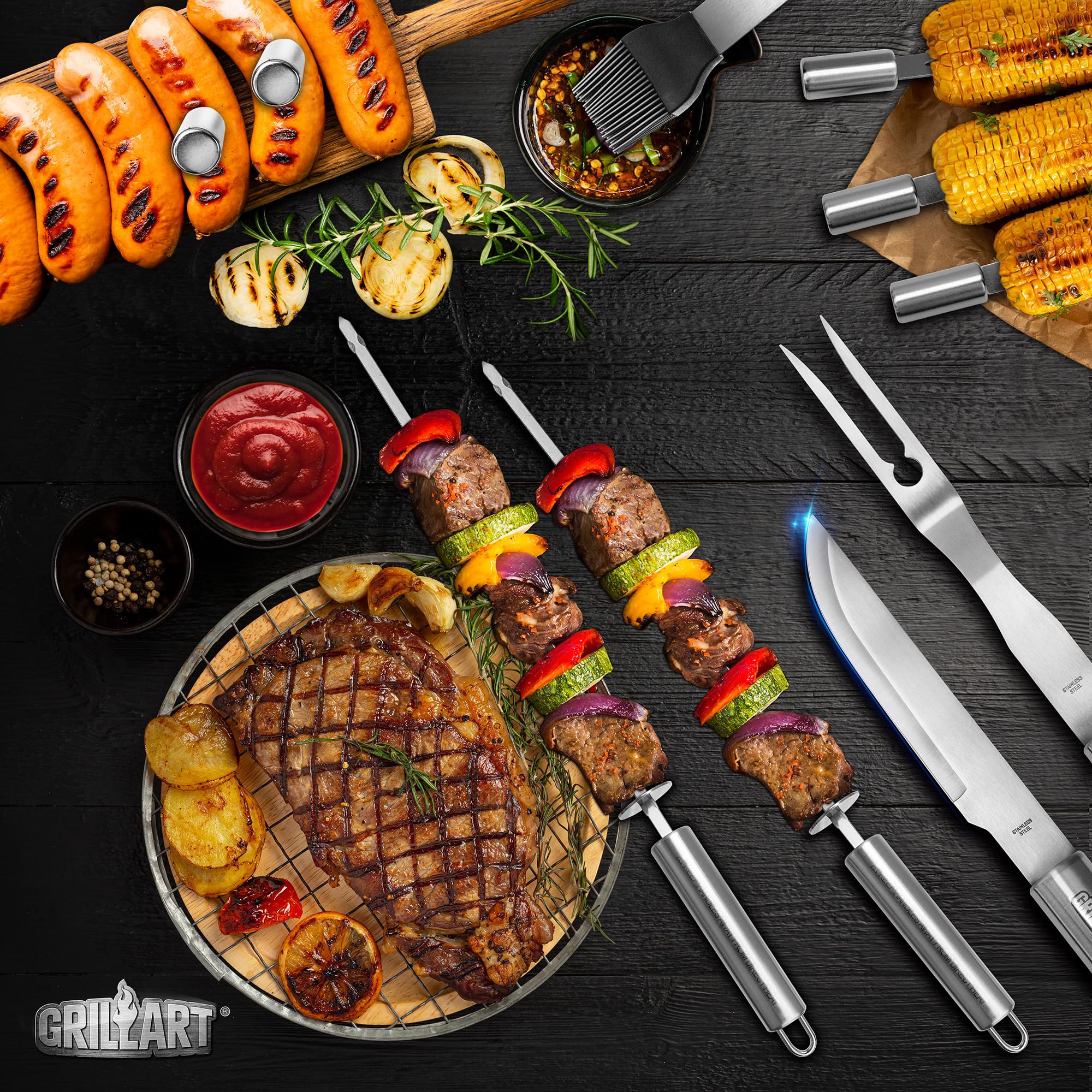 GRILLART BBQ Grill Utensil Tools Set Reinforced BBQ Tongs 19-Piece Stainless-Steel Barbecue Grilling Accessories w/Aluminum Storage Case -Complete Outdoor Grill Kit for Dad, Birthday Gift for Man Dad