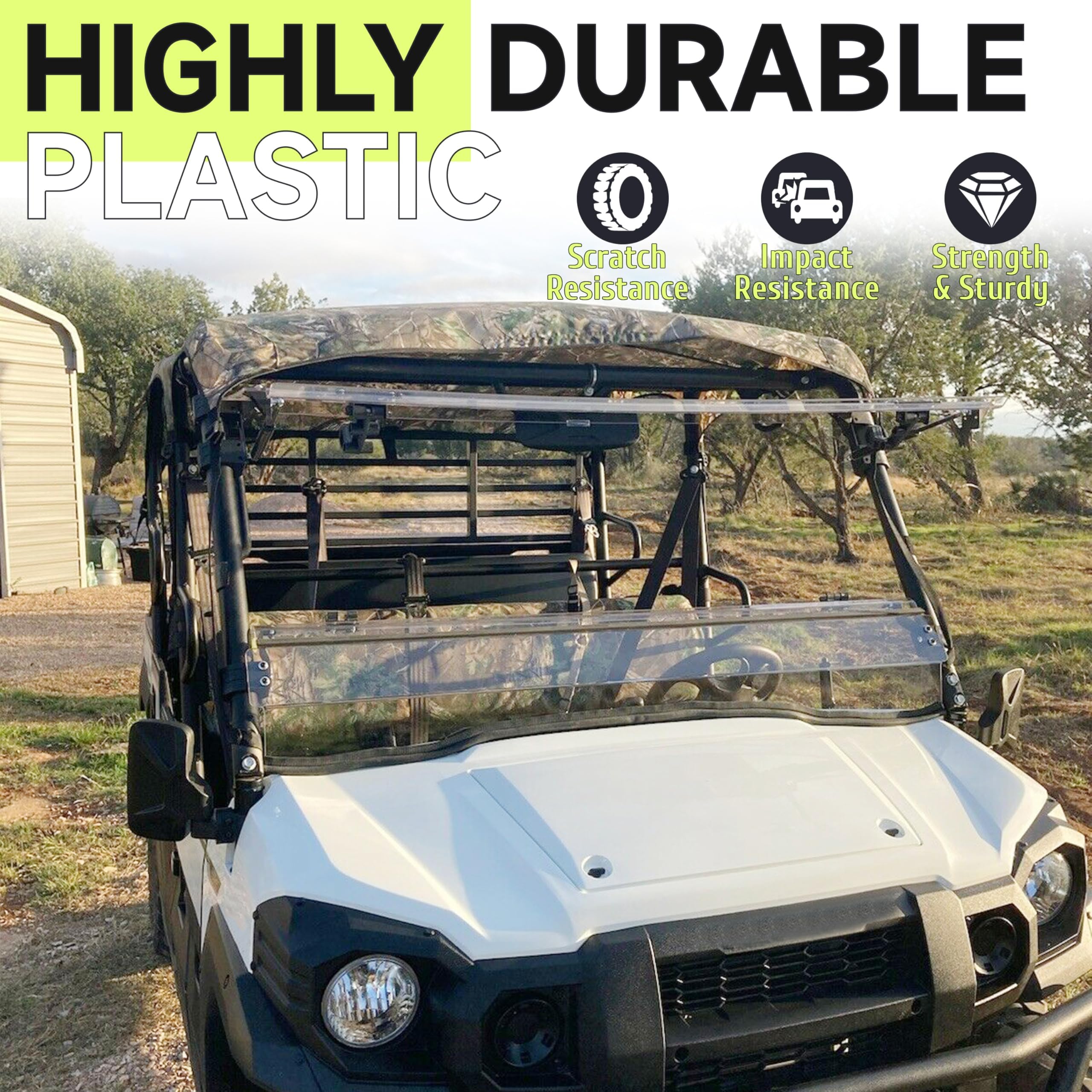 HECASA 2-IN-1 Folding Windshield Compatible with 2015+ Kawasaki Mule Pro FXT/DXT/DX/FX Clear Flip Windscreen Gas Spring Included Heavy Duty Scratch Resistance