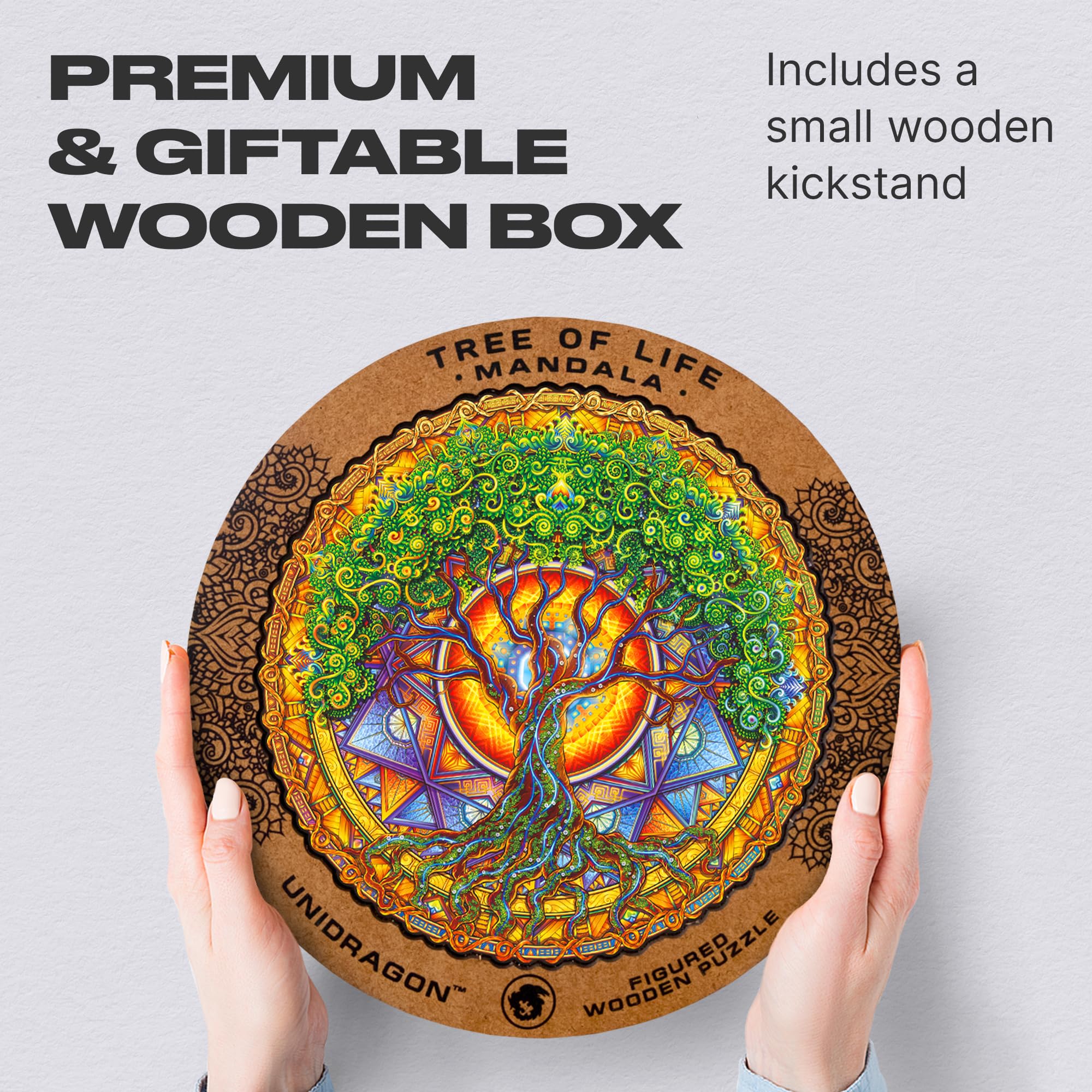 UNIDRAGON Original Wooden Jigsaw Puzzles - Mandala Tree of Life, 350 pcs, King Size 13"x13", Beautiful Gift Package, Unique Shape Best Gift for Adults and Kids