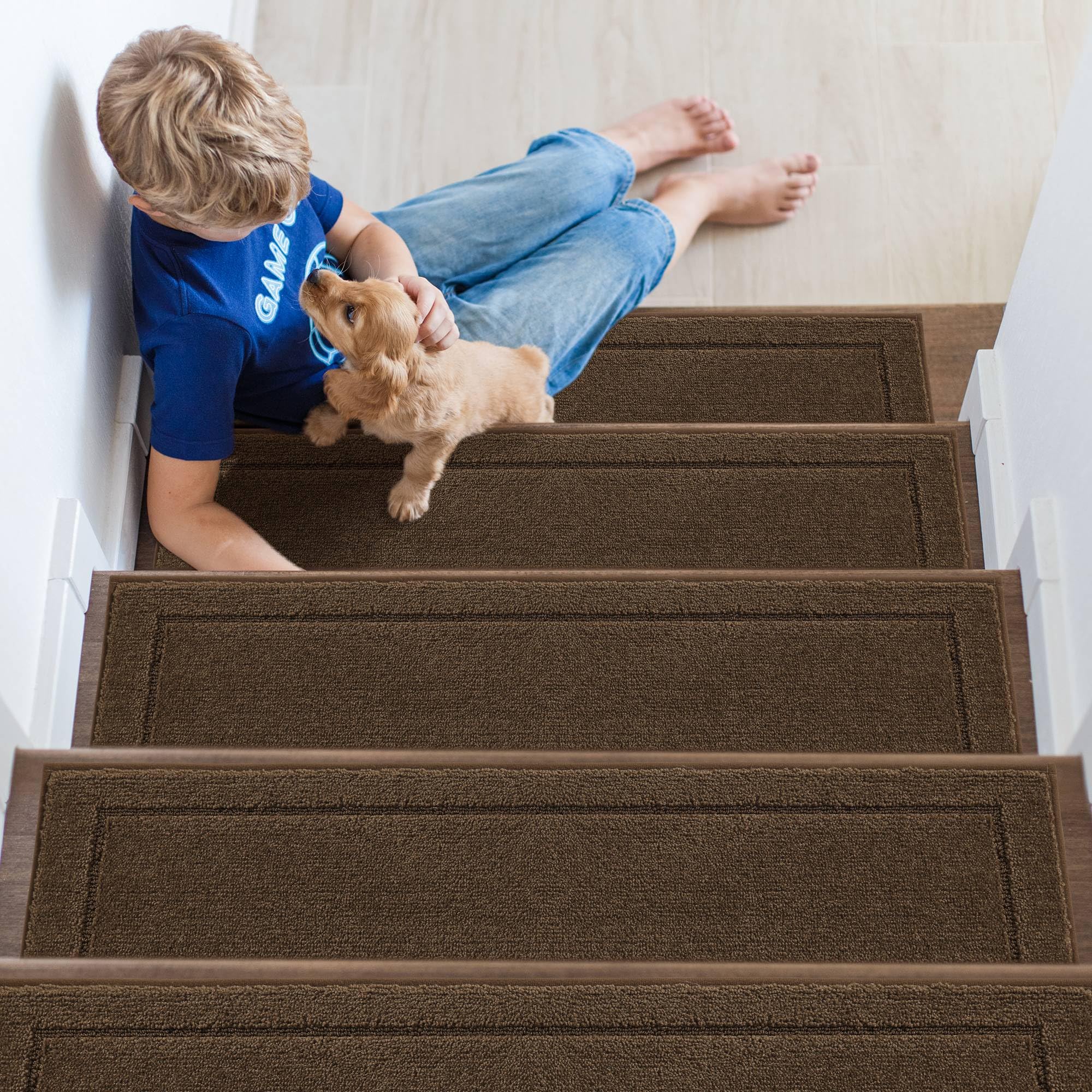 Non-Slip Stair Treads for Wooden Steps Indoor, 15 Pack 8" X 30" Edging Stair Rugs with TPE Backing, 0.4" Thick Carpet Stair Treads for Kids Elders & Pets, 100% Polyester Soft Stair Runners, Brown