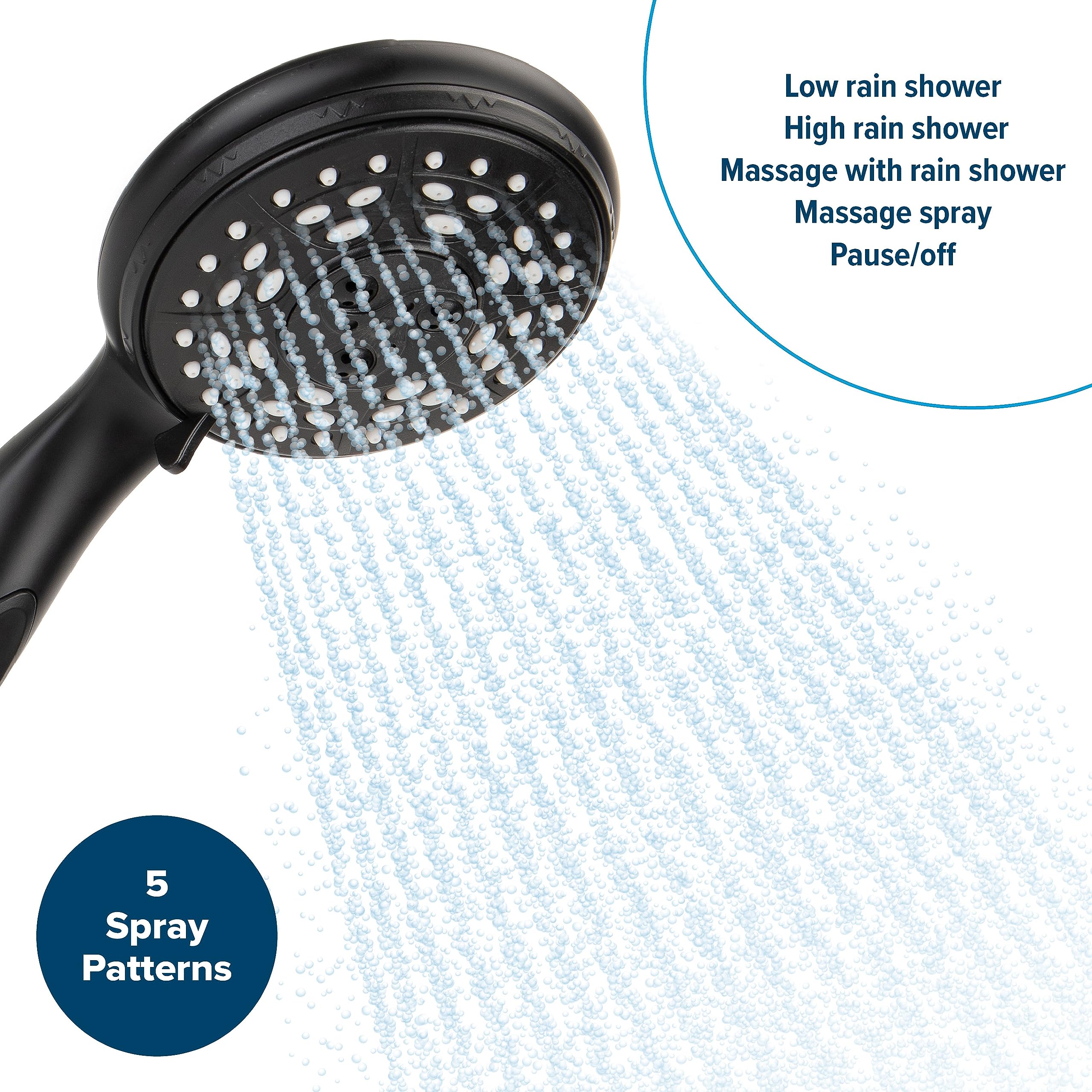 Camco Complete RV/Marine Shower Head Kit | Features Convenient On/Off Switch for Water Efficient Showers | 5 Spray Patterns | Black (43744)