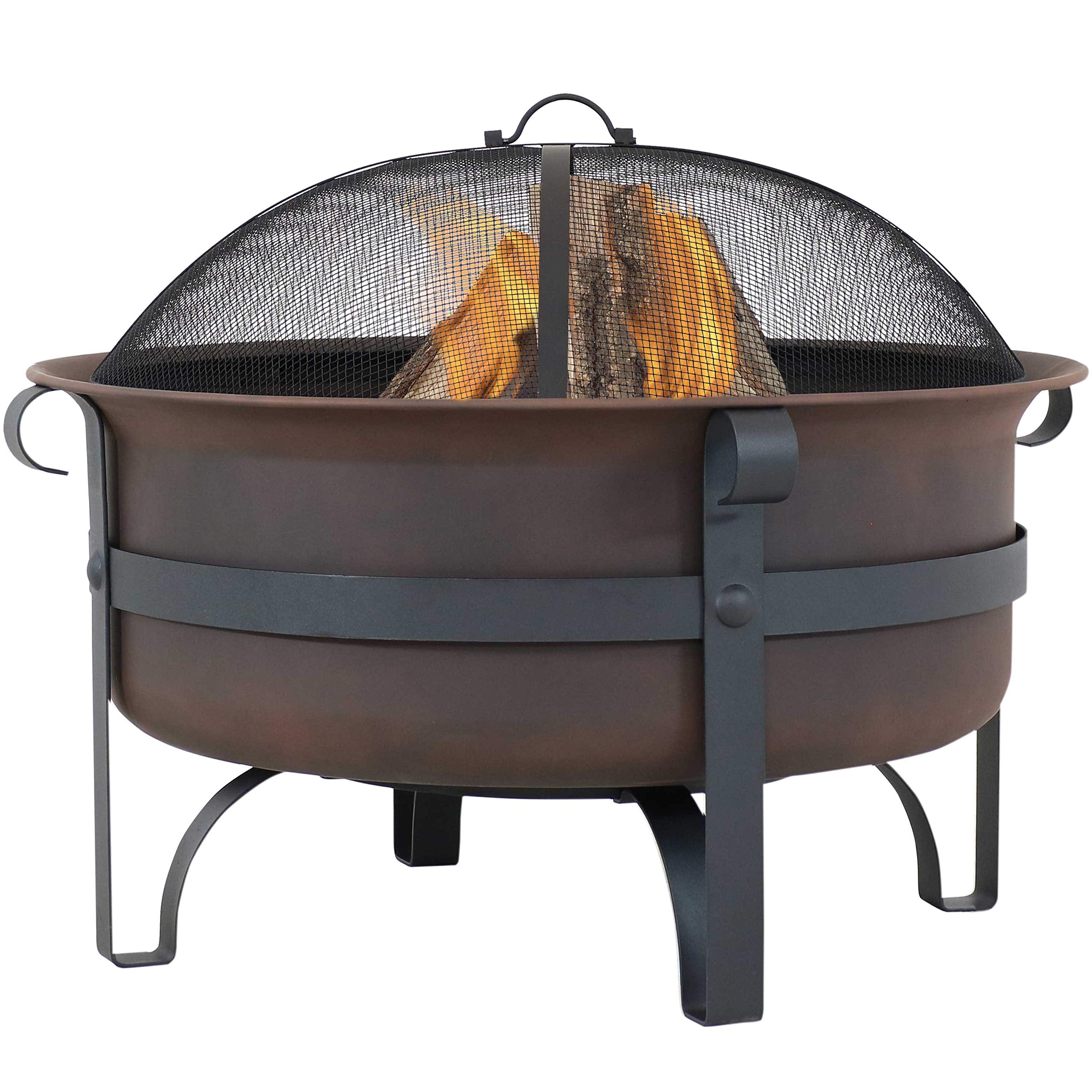 Sunnydaze 29-Inch Wood-Burning Outdoor Fire Pit - Bronze Cauldron Wood Fire Pit for Outside - Includes Poker and Spark Screen