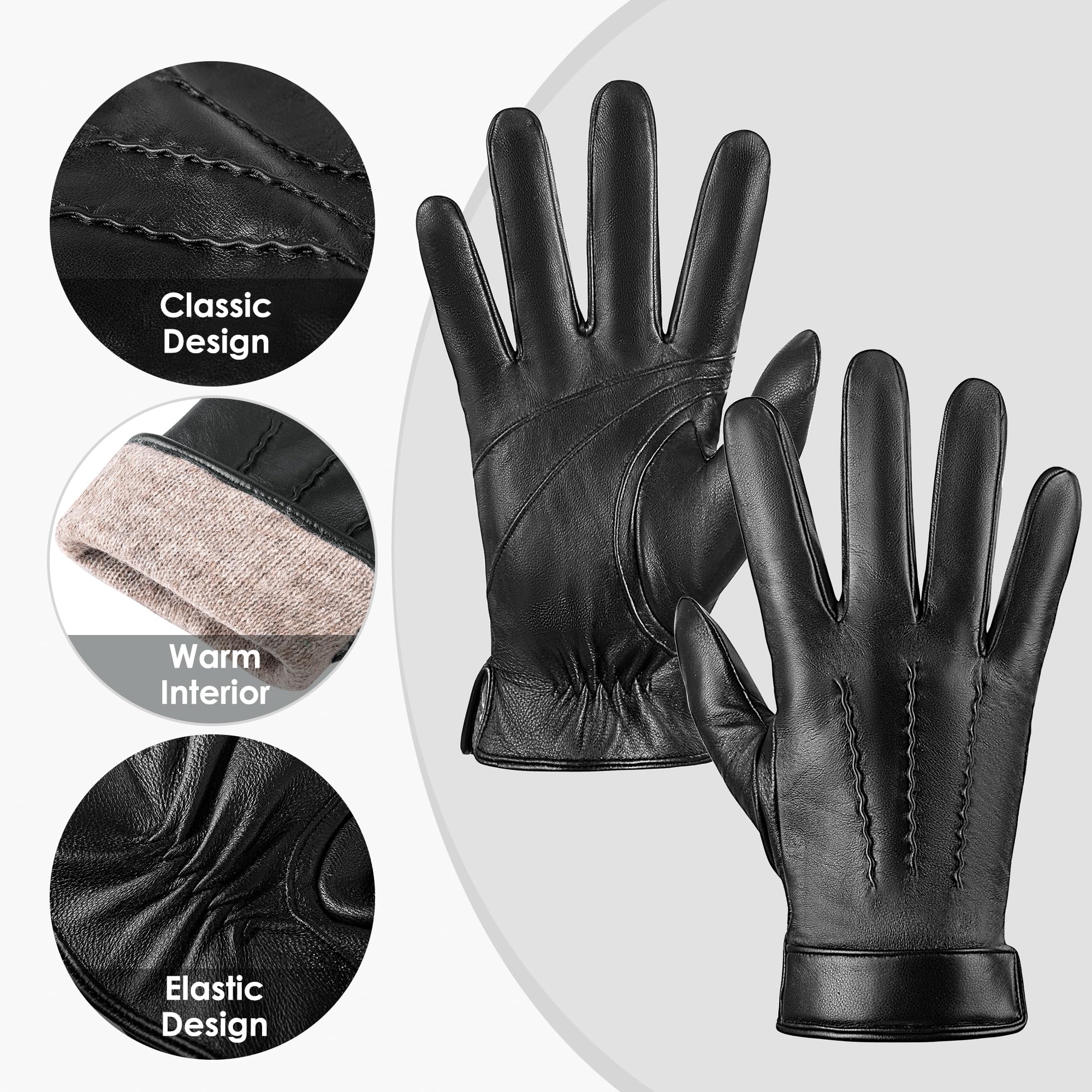 LOKIMSI Genuine Sheepskin Leather Gloves for Men, Soft Cashmere Winter Warm Touch Screen Gloves Motorcycle Driving Gloves
