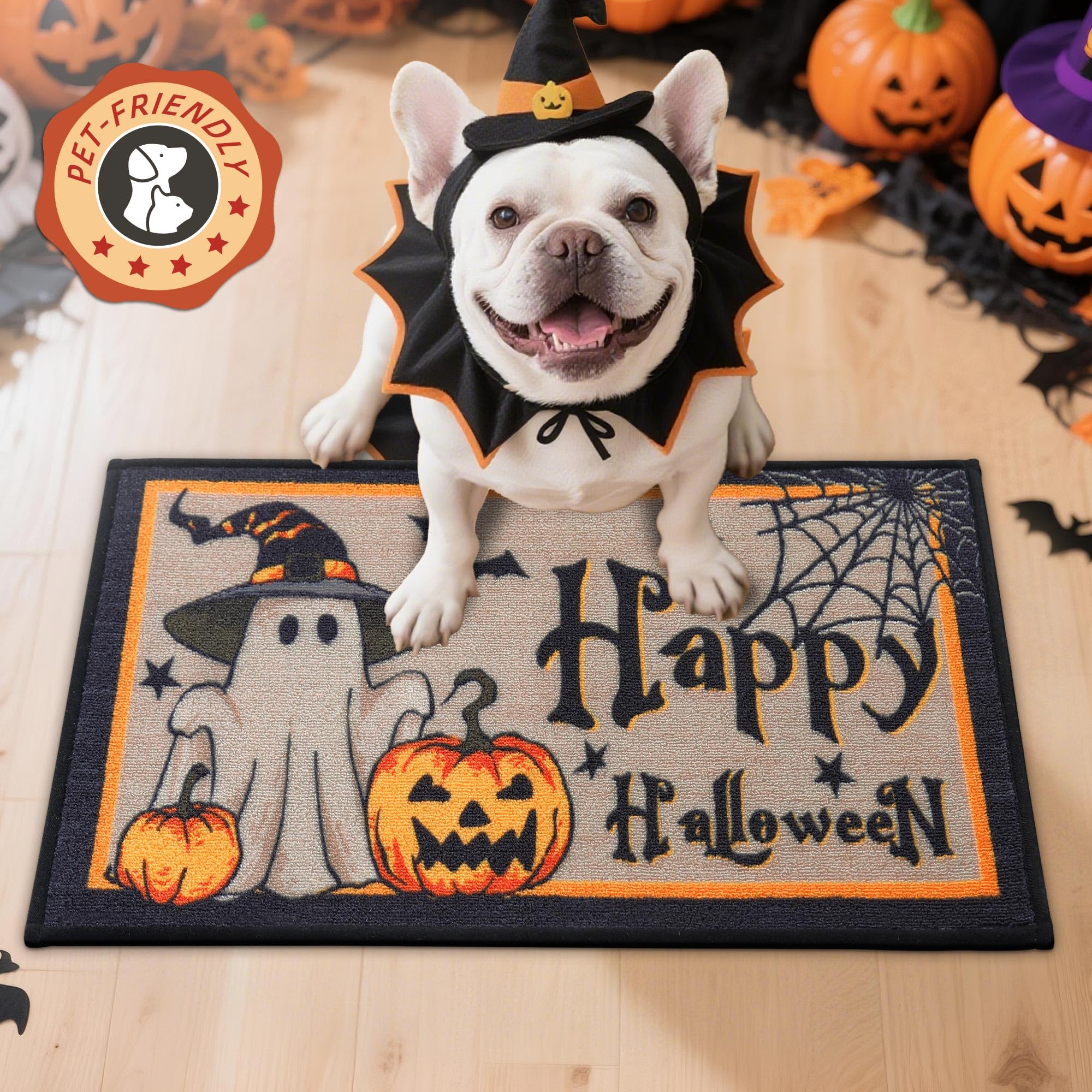 JSEI Halloween Holiday Doormat, 17''x30'' Non-Slip Ghost and Pumpkins Decorative Welcome Mats for Floor, Low-Profile Entryway Rugs Washable, Cute Ghost Pattern