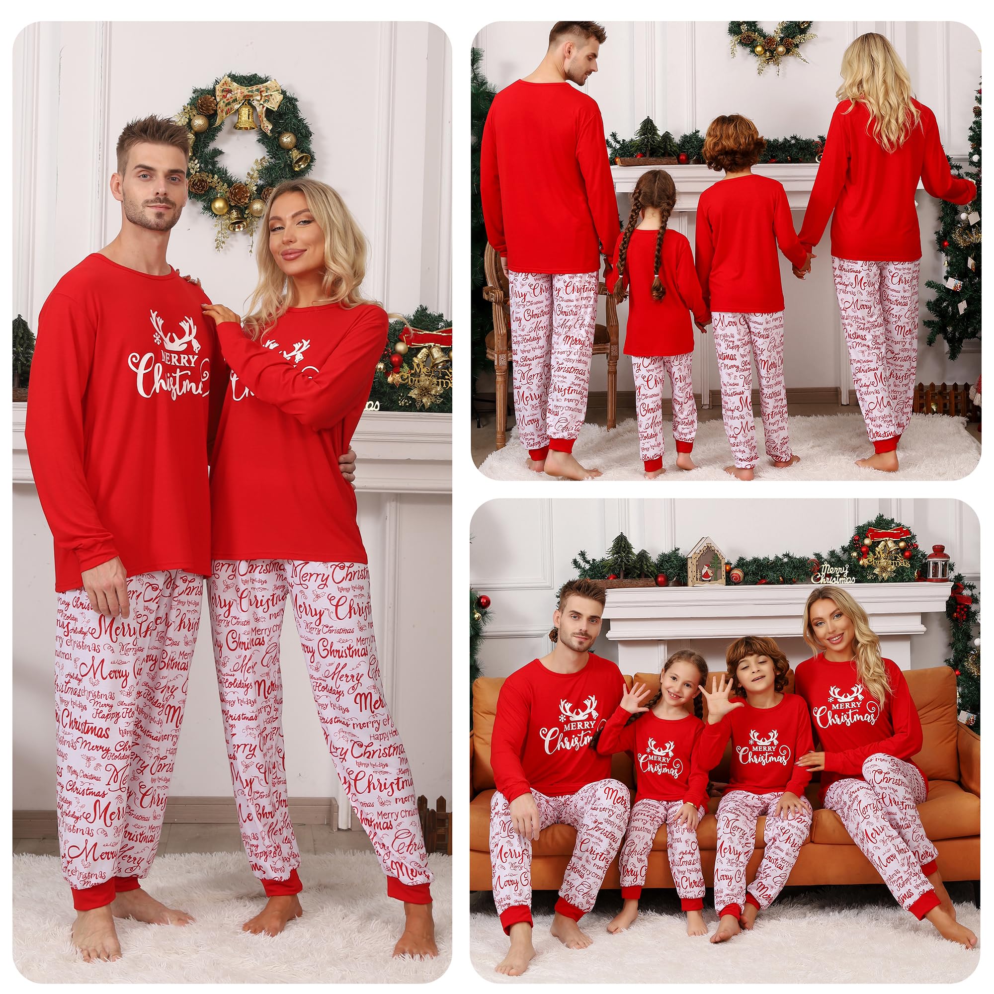 JAXUH Matching Family Christmas Pajamas, Cute Xmas Antler Print Pjs Sets for Couples/Adult, Holiday 2 Piece Sleepwear Nightwear Jammies (4-6 Years, Youth, Red Antlers)