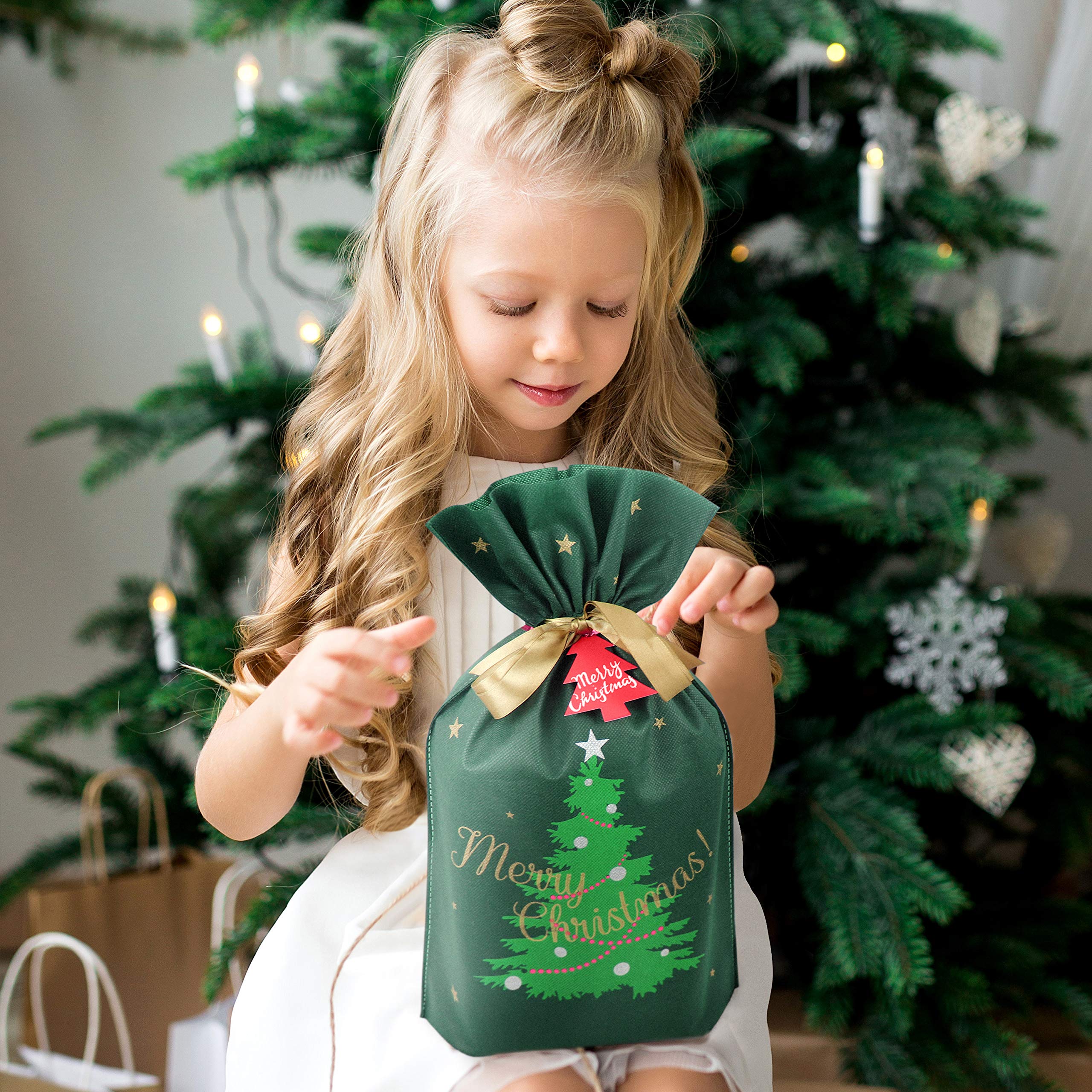 Fabric Gift Bags for Christmas Presents - 6 Pcs Christmas Bags with Drawstring, Large Christmas Gift Bags for Presents, Christmas Gift Wrap Reusable Christmas Bags for Gifts (Green Christmas Tree)