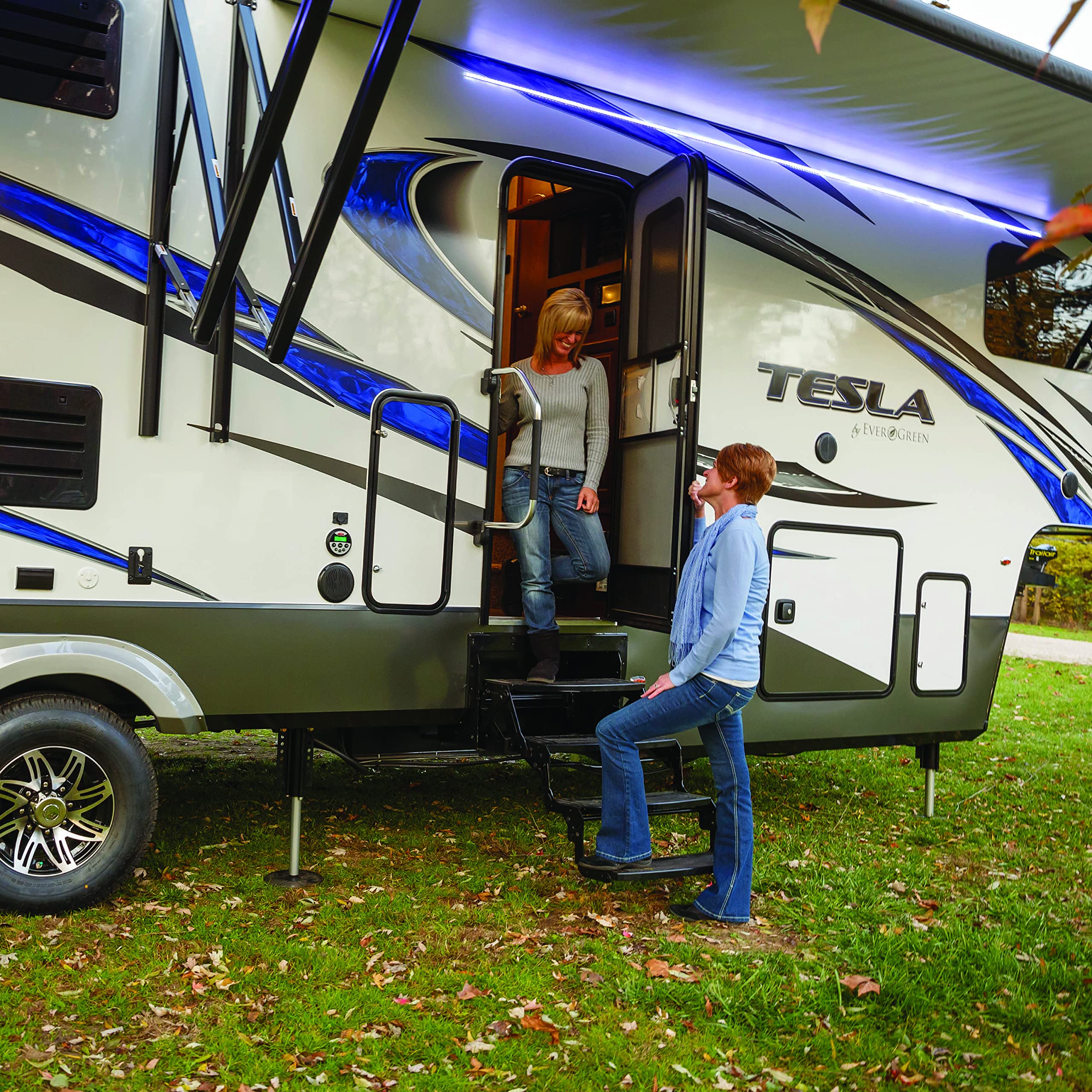 Kwikee 25 Series Triple 12V Electric RV Step Assembly, 8" Rise, 300 lbs. Heavy-Gauge Steel, Logic Control Unit, Power Switch Kit, Anti-Slip Steps, Travel Trailers, 5th Wheels, Campers - 3658373