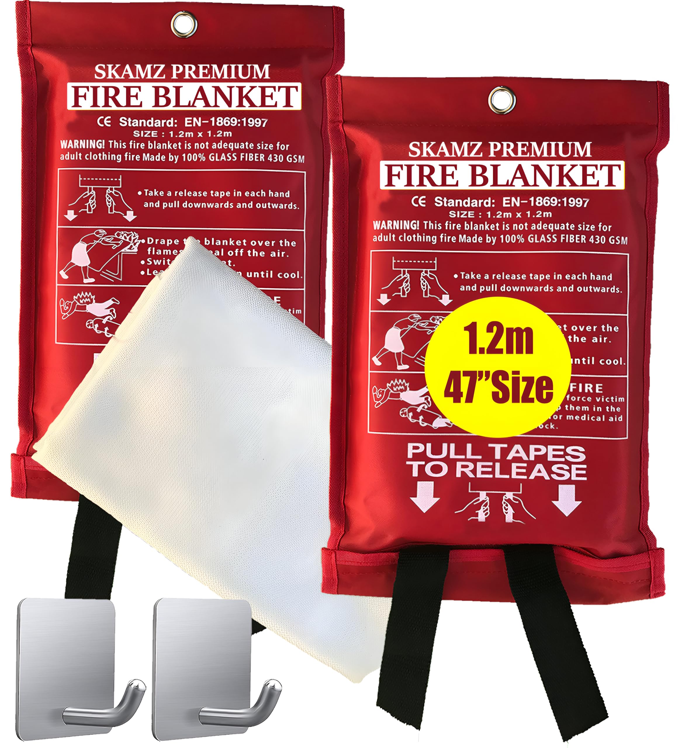 SKAMZ Emergency Fire Blanket for Home and Kitchen - XL Size - 2 Pack 47" x 47" W/Hooks - Welding Fireproof Blanket, Fire Blankets to Smother a Kitchen Fire, Fireplace, Grill, BBQ