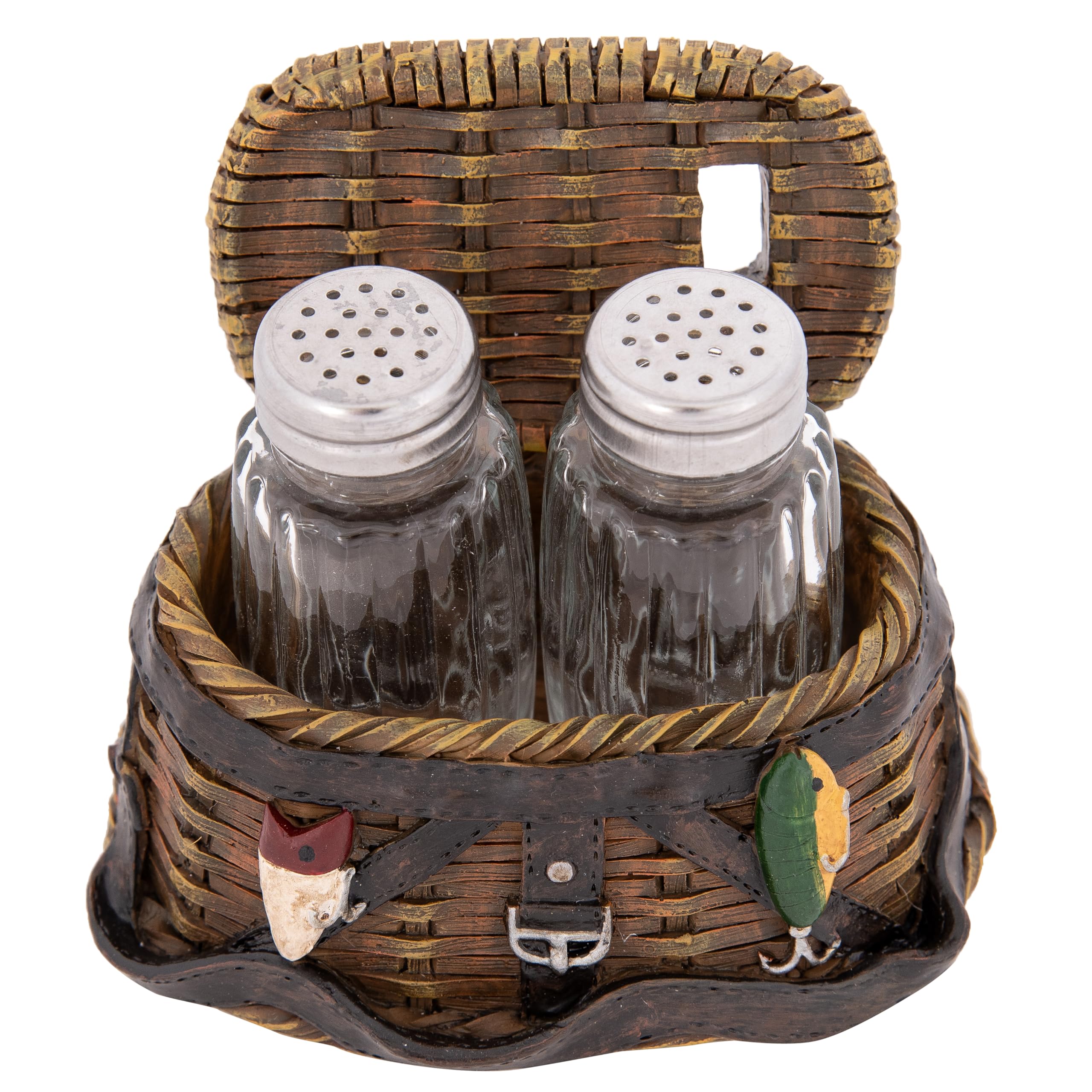 Corner Merchant Lake Cabin Salt and Pepper Shakers - Rustic Kitchen Cutie Salt Pepper Holder (Fishing Basket)