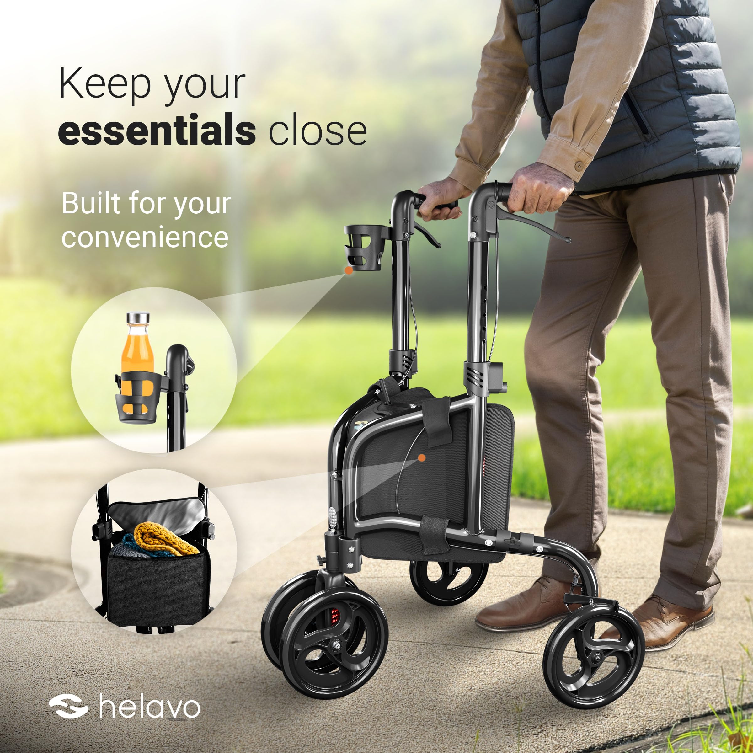 Helavo 3 Wheel Walker for Seniors with Double Front Wheels, Lightweight Foldable Narrow Walker for Small Spaces, Compact Aluminum Mobility Aid with Height Adjustable Handles