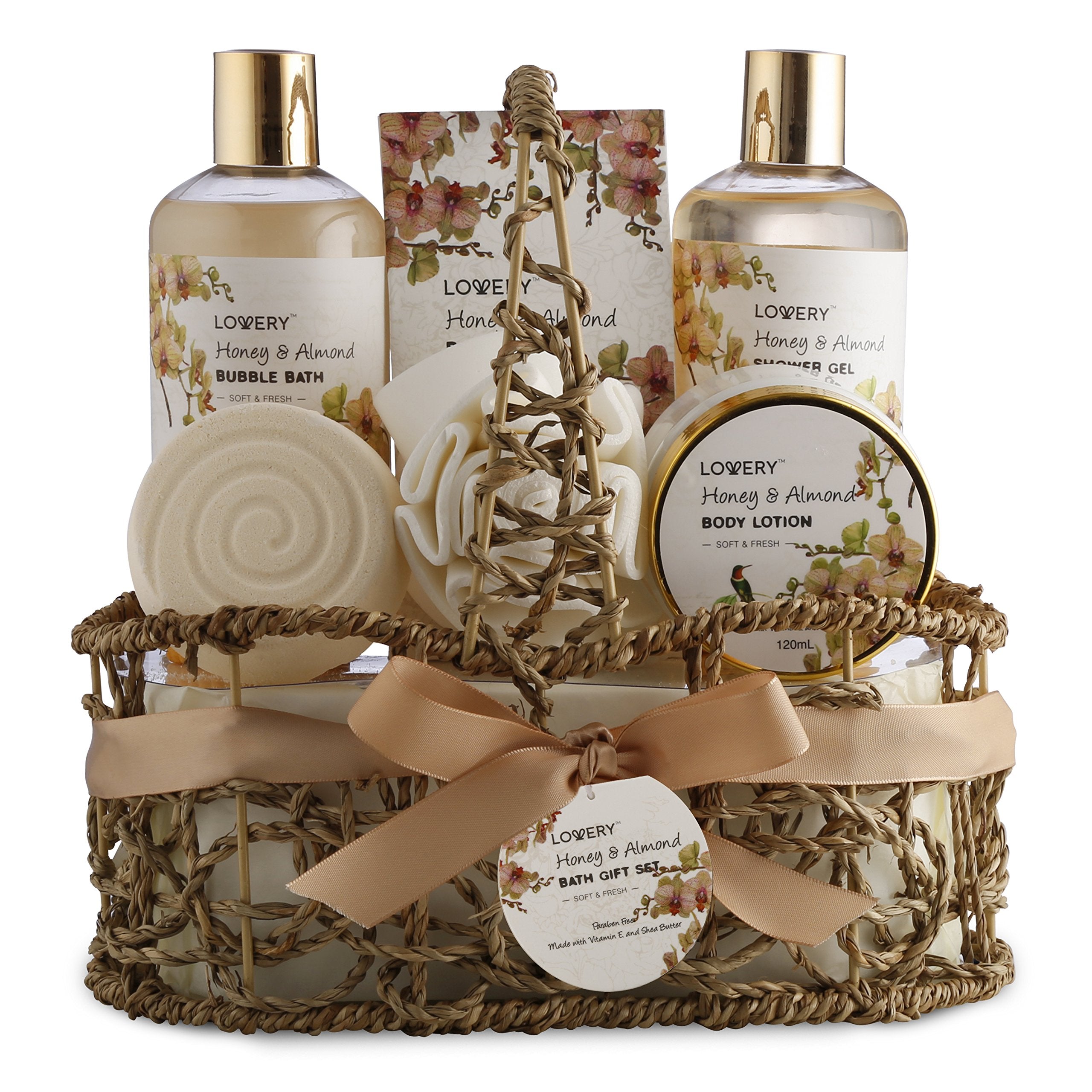 Womens Gifts for Christmas Gift Baskets for Women Who Have Everything, Home Spa Honey & Almond Scent - Luxury Bath & Body Set With Shower Gel, Bubble Bath, Body Lotion, Bath Salt, Bath Bomb, Bath Puff