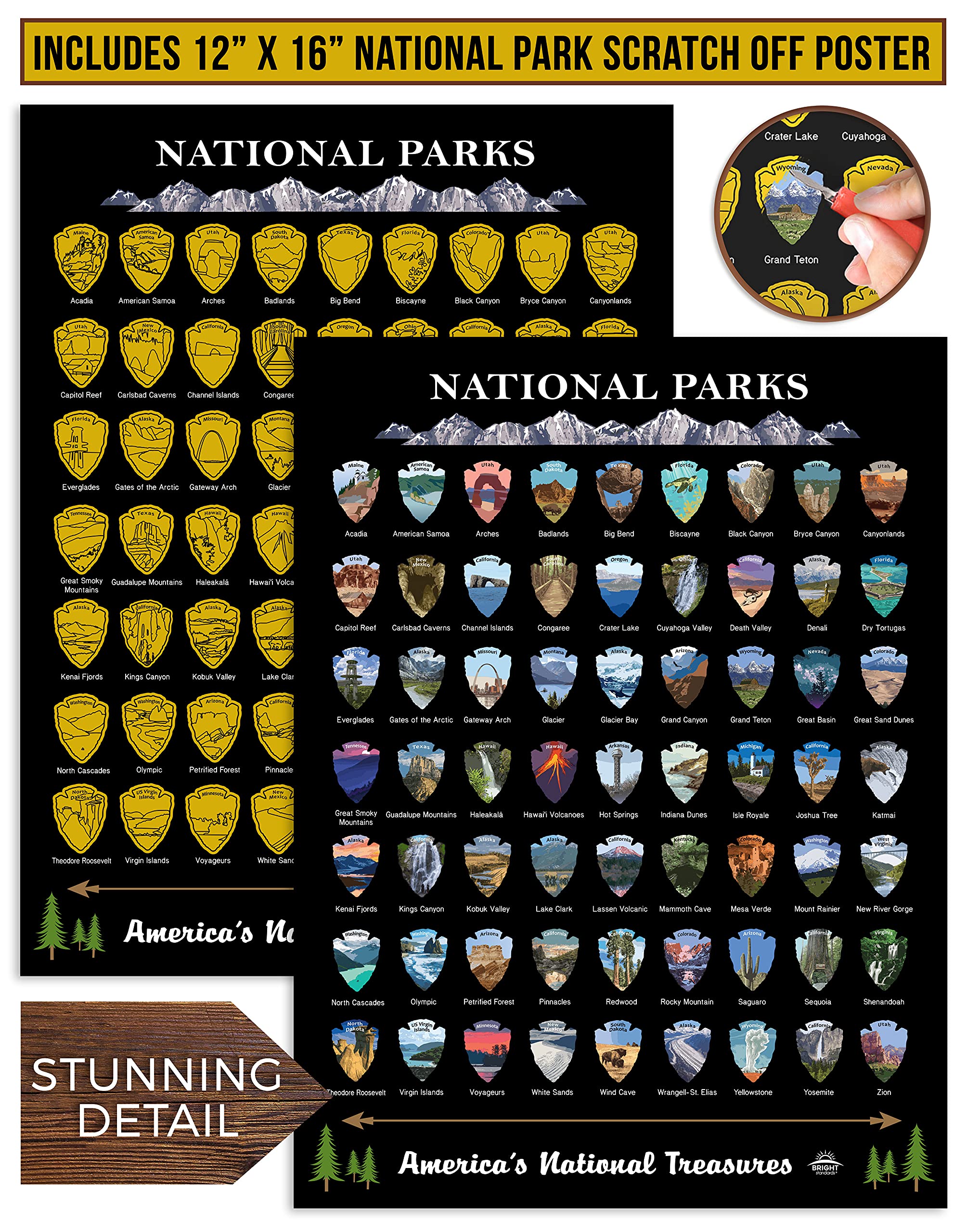 Bright Standards Scratch Off Map of United States + All 63 US National Parks Scratch Off Poster, 85 USA Landmarks, Travel Map Kit, 50 State Photo Wall Adventure Maps, Journal Gifts for Travelers