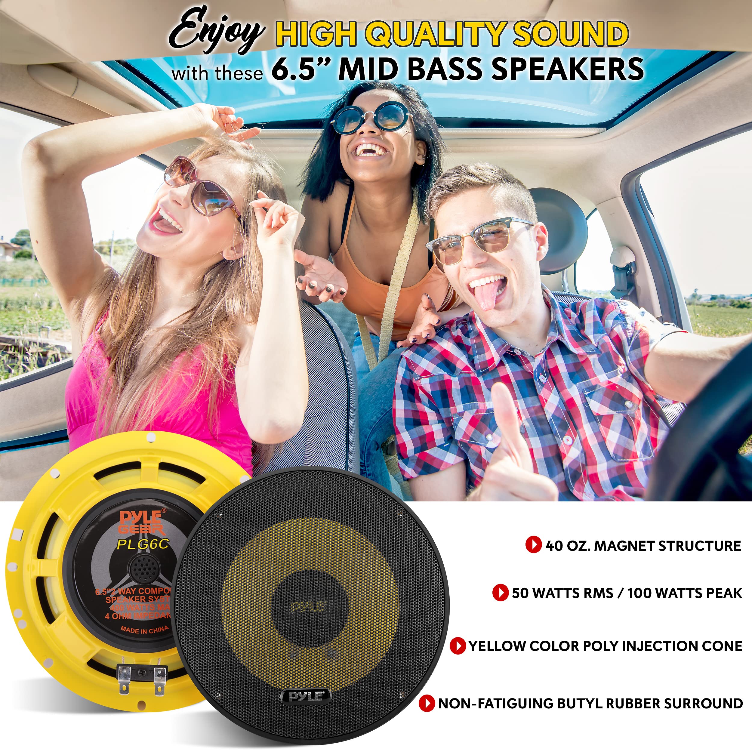 Pyle 2 Way Custom Component Speaker System - 6.5” 400 Watt, with Electroplated Plastic Basket, Butyl Rubber Surround & 40 Oz Magnet Structure - Wire Installation Hardware Set Included - PLG6C, Yellow