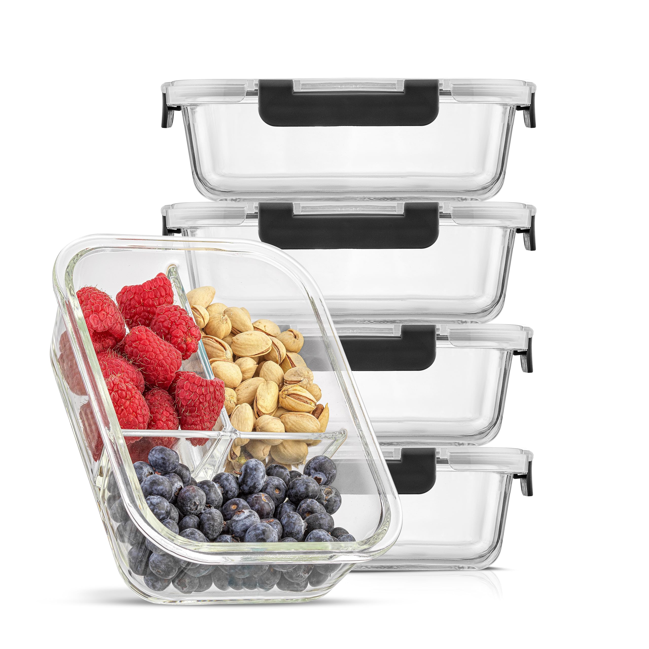 JoyJolt Divided 3 Compartment Glass Meal Prep Bento Box Set. 5 Pack Airtight Food Storage Containers with Lids for Portion Control and Weight Loss