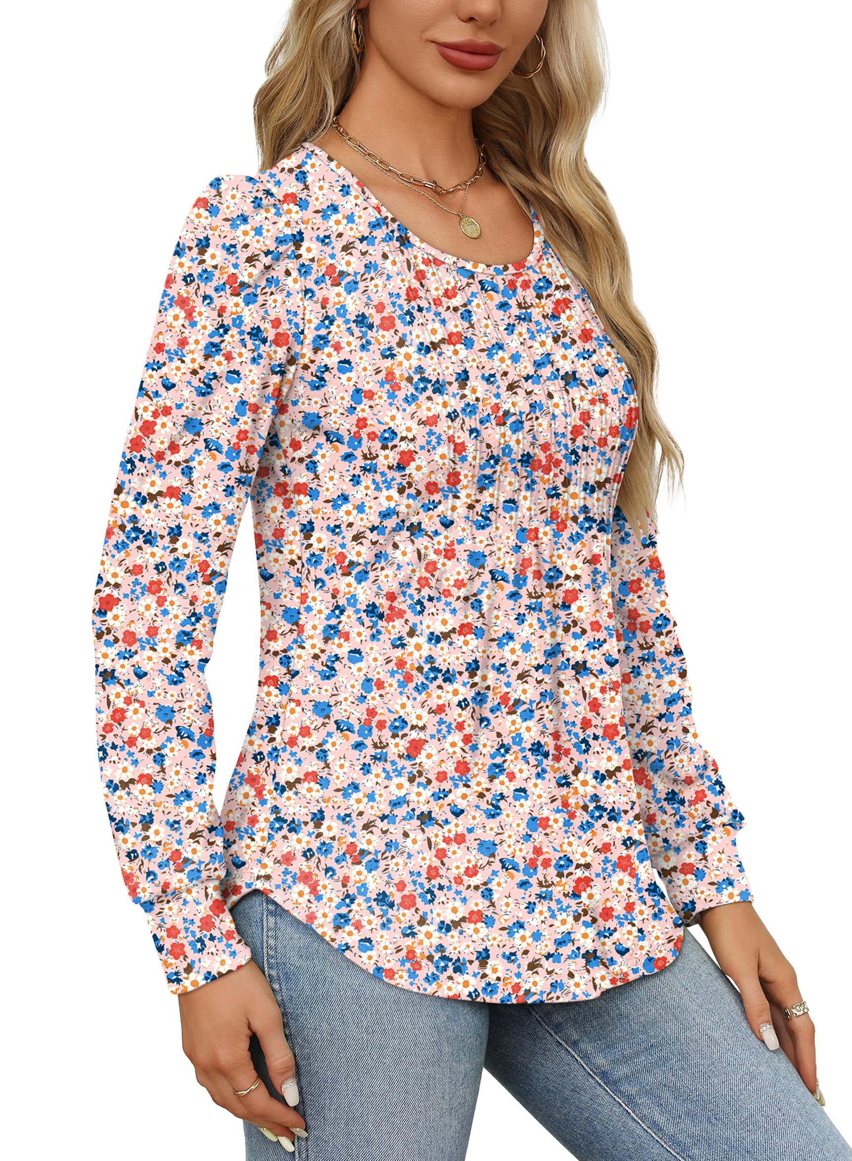 Shirts for Women Trendy Fall Long Sleeve Blouses Dressy Casual Flattering Cute Tunic Tops Floral Pink S