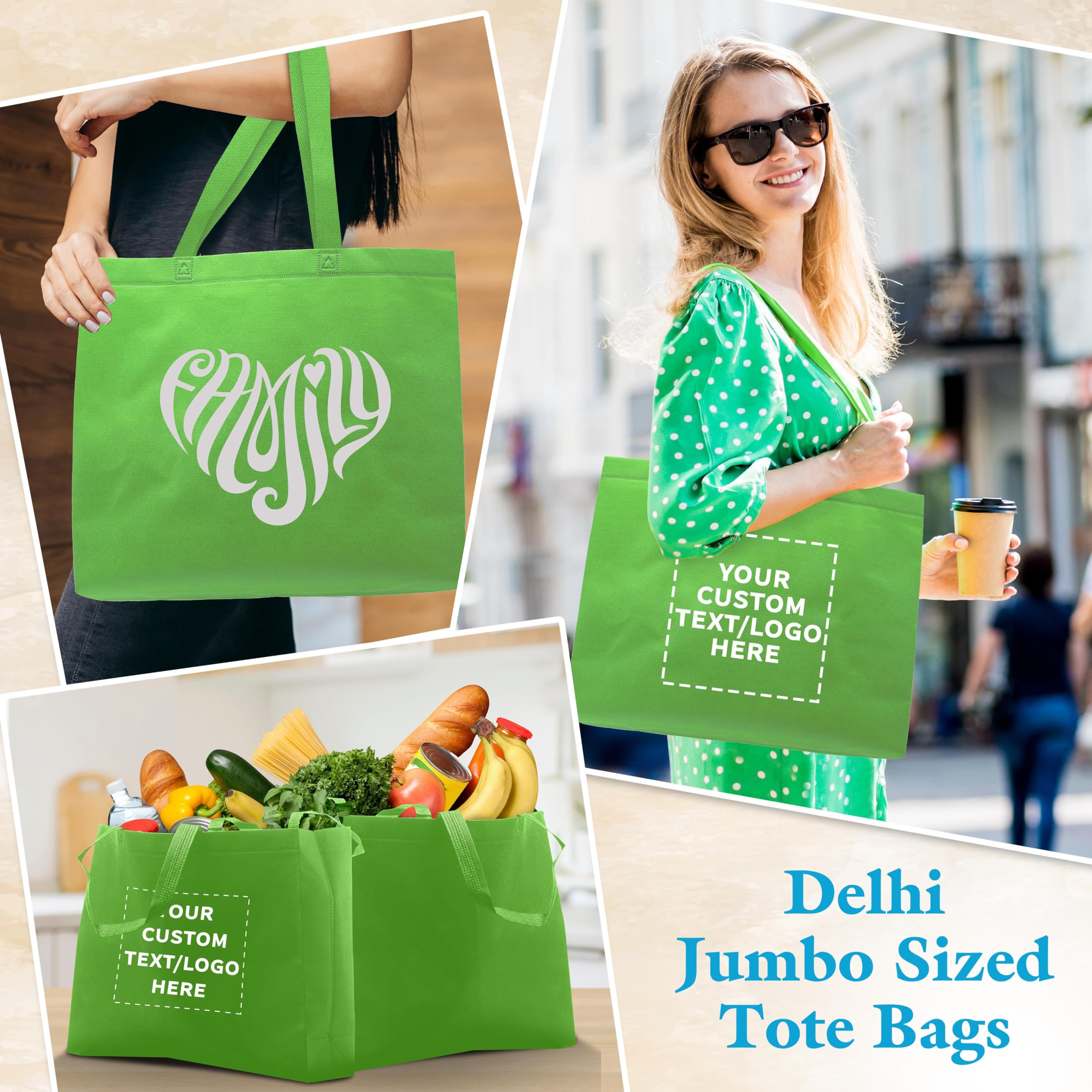 DISCOUNT PROMOS Custom Jumbo Sized Tote Bags Set of 100, Personalized Bulk Pack - Reusable Grocery Bags, Shopping Bags, Promotional Item Totes for Women - Lime Green