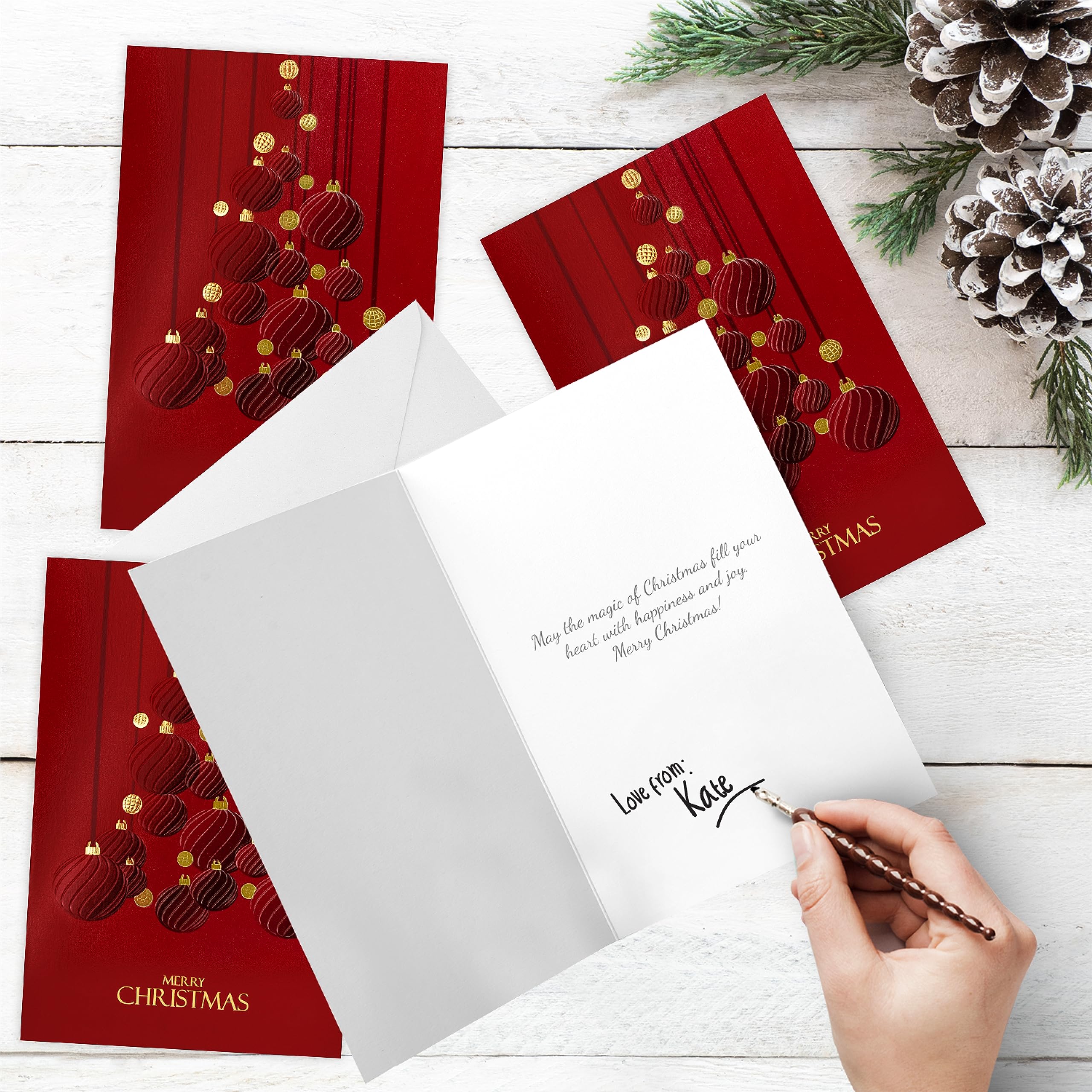 easykart labels 16 Christmas Greeting Cards with Gold Foiling & Embossing with Envelopes, Dark Red Colour, 6.75 x 4.5 Inch Merry Christmas Cards with Seal Stickers For Friends, Family and loved Ones