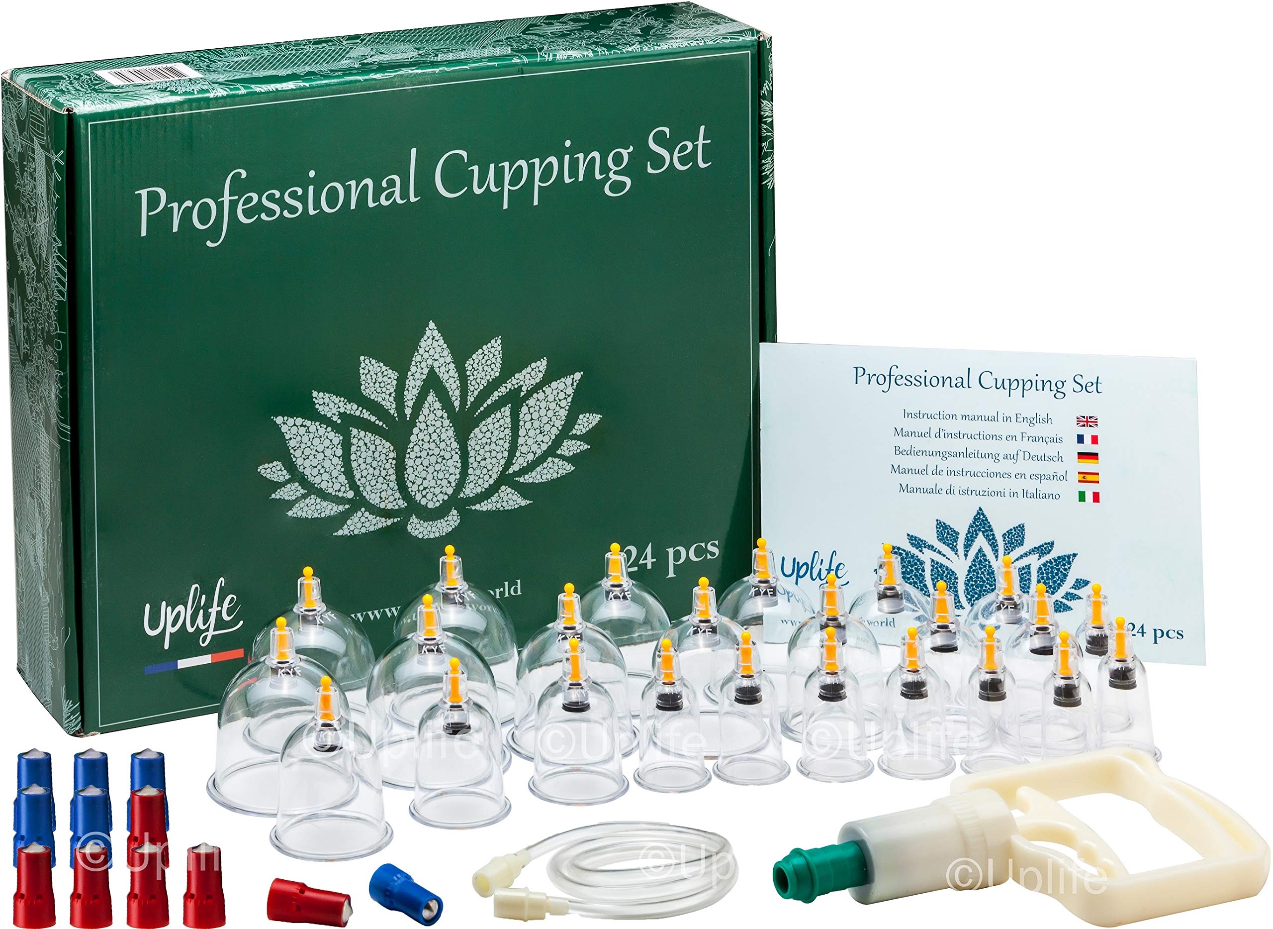 Uplife Cupping Kit for Massage Therapy, 24 Cups Professional Cupping Therapy Set with Magnetics for Muscle Pain Relief & Cellulite Reduction, Chinese Vacuum Cupping Set with Manual Pump for Home & Spa