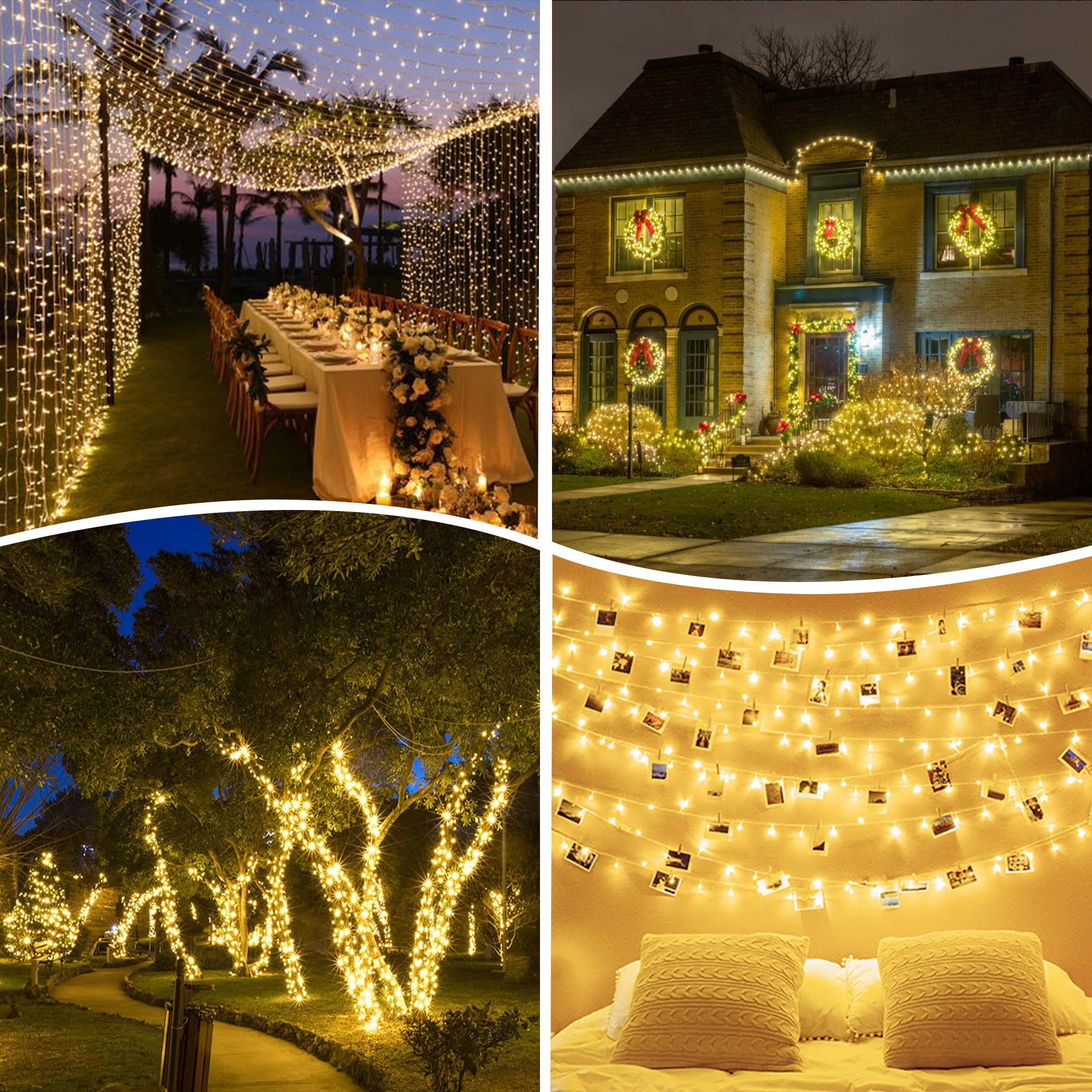 kemooie 500 LED Christmas Lights, 164FT 8 Lighting Modes with Timer Plug in Waterproof String Lights for Outdoor Christmas Birthday Wedding Party Garden Balcony Decorations (Warm White)