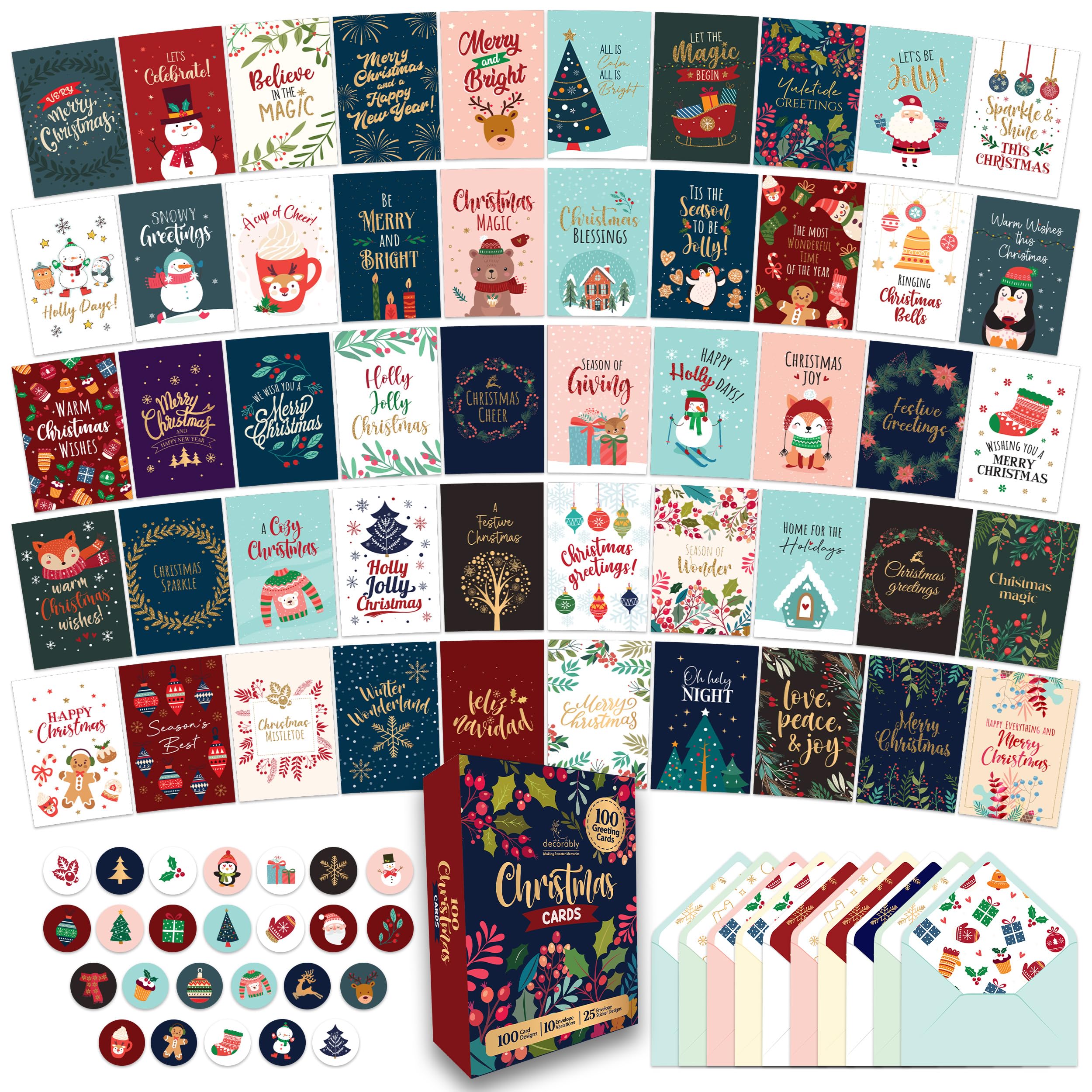 Decorably 100 Pack Boxed Assorted Christmas Cards with Envelopes & Stickers, 100 Unique Designs with Printed Message Bulk Christmas Cards Bulk, 6x4in Bulk Christmas Cards with Envelopes Bulk