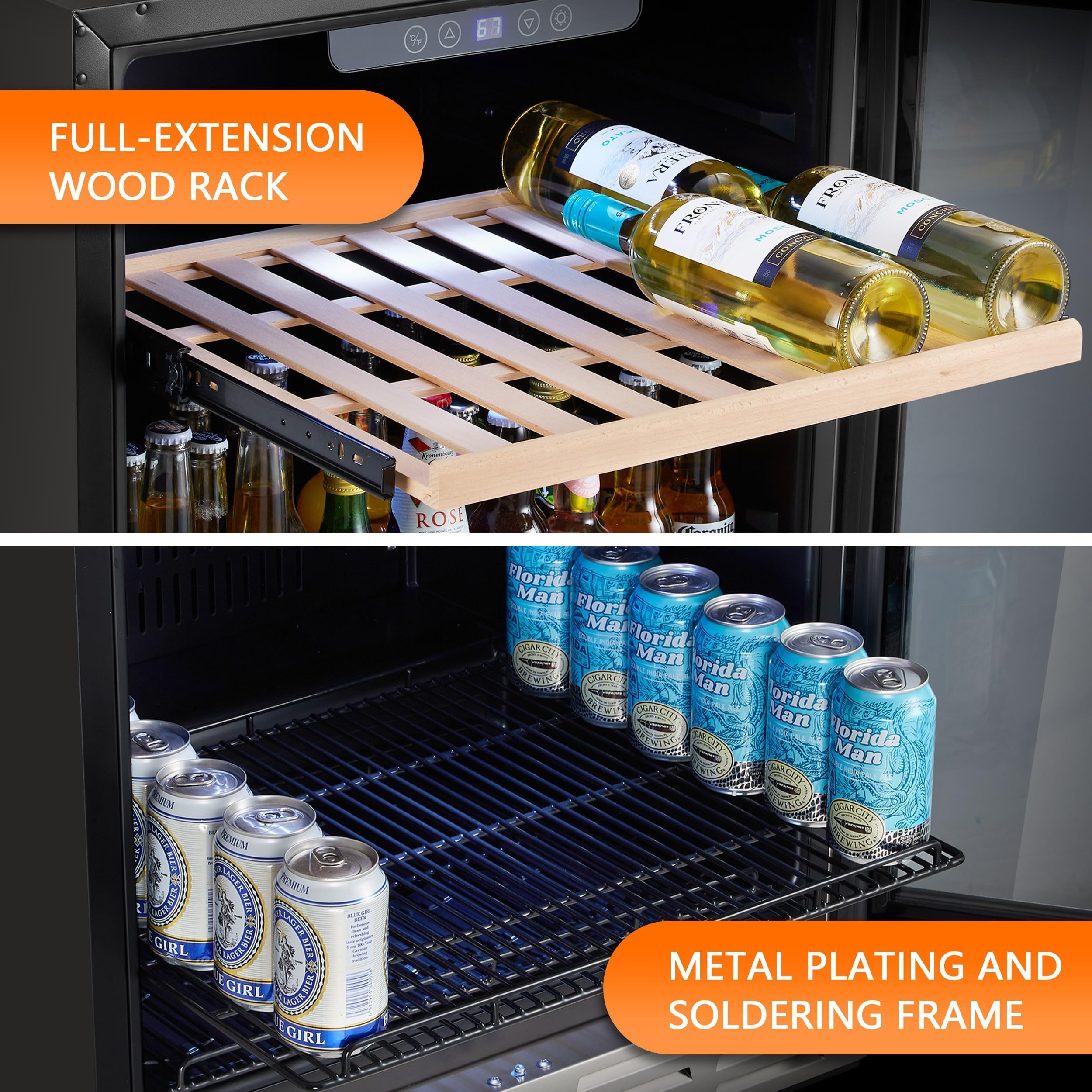 Beverage Fridge 24 Inch Beverage and Wine Cooler Built-in or Freestanding - 120 Cans & 16 Bottles Capacity Wine Refrigerator Cooler